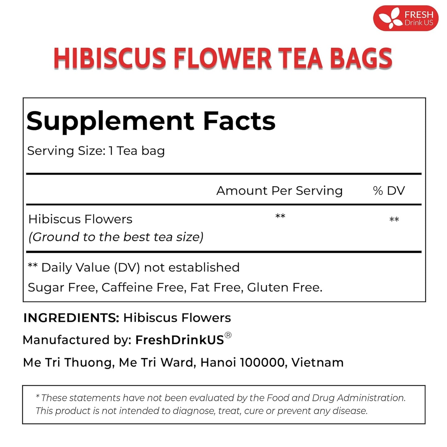 FreshDrinkUS Premium 40 Hibiscus Tea Bags, 100% Natural, Pure Hibiscus, Loose Flower Herbal Tea. No Sugar, No Caffeine, No Gluten, Vegan
