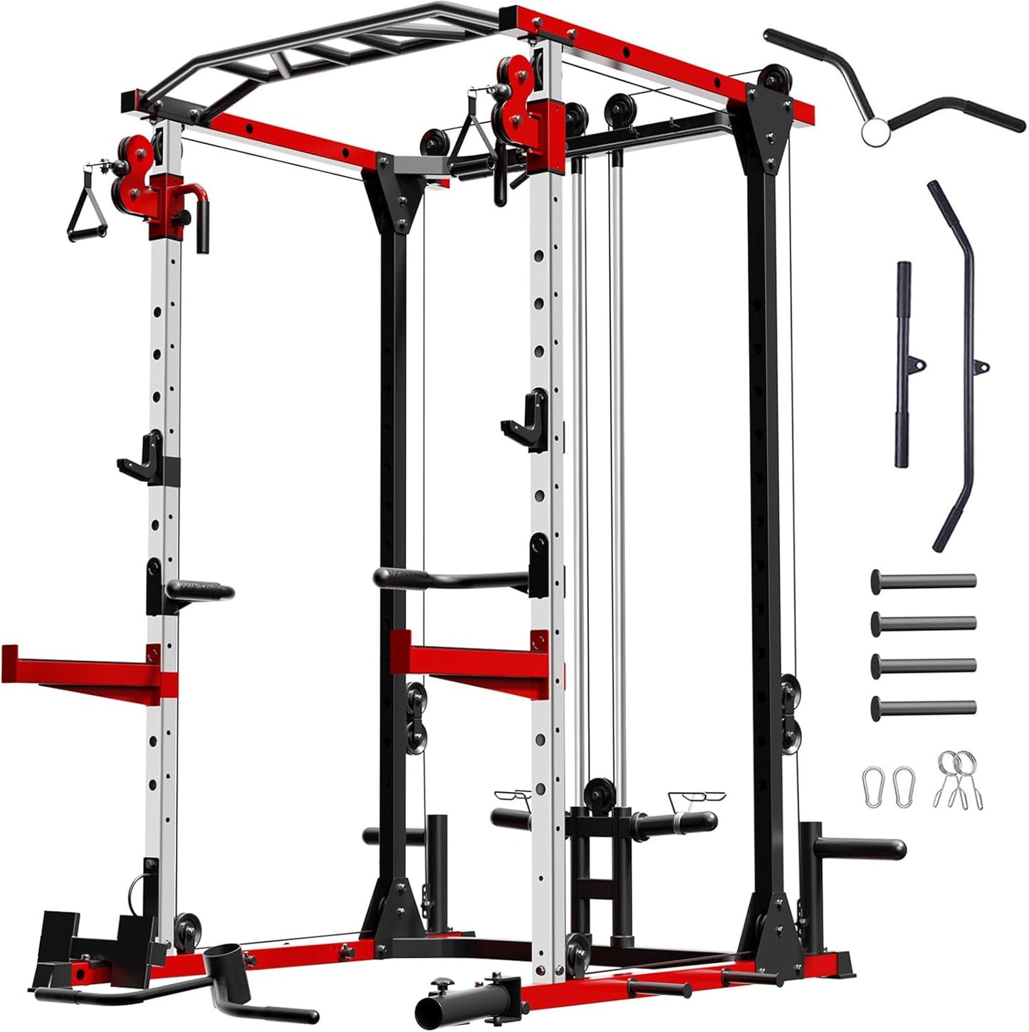 Smith Machine, Power Rack with LAT Pulldown System, Power Cage with Cable System, Squat Rack for Home Gym with Chest Press Machine, Spotter Arms, Leg Curl Attachment and More