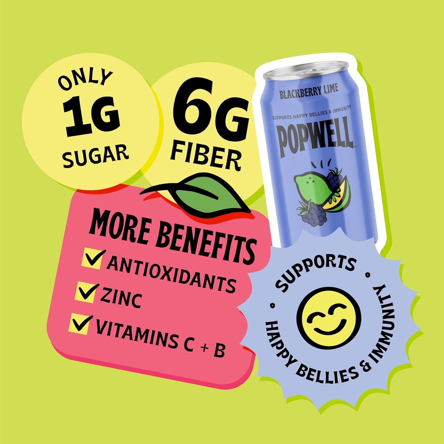 Popwell Blackberry Lime Better-For-You Prebiotic Soda, with 6g Fiber, 1g Sugar, Vitamins and Immunity Support, 12 fl oz Cans (pack of 12)