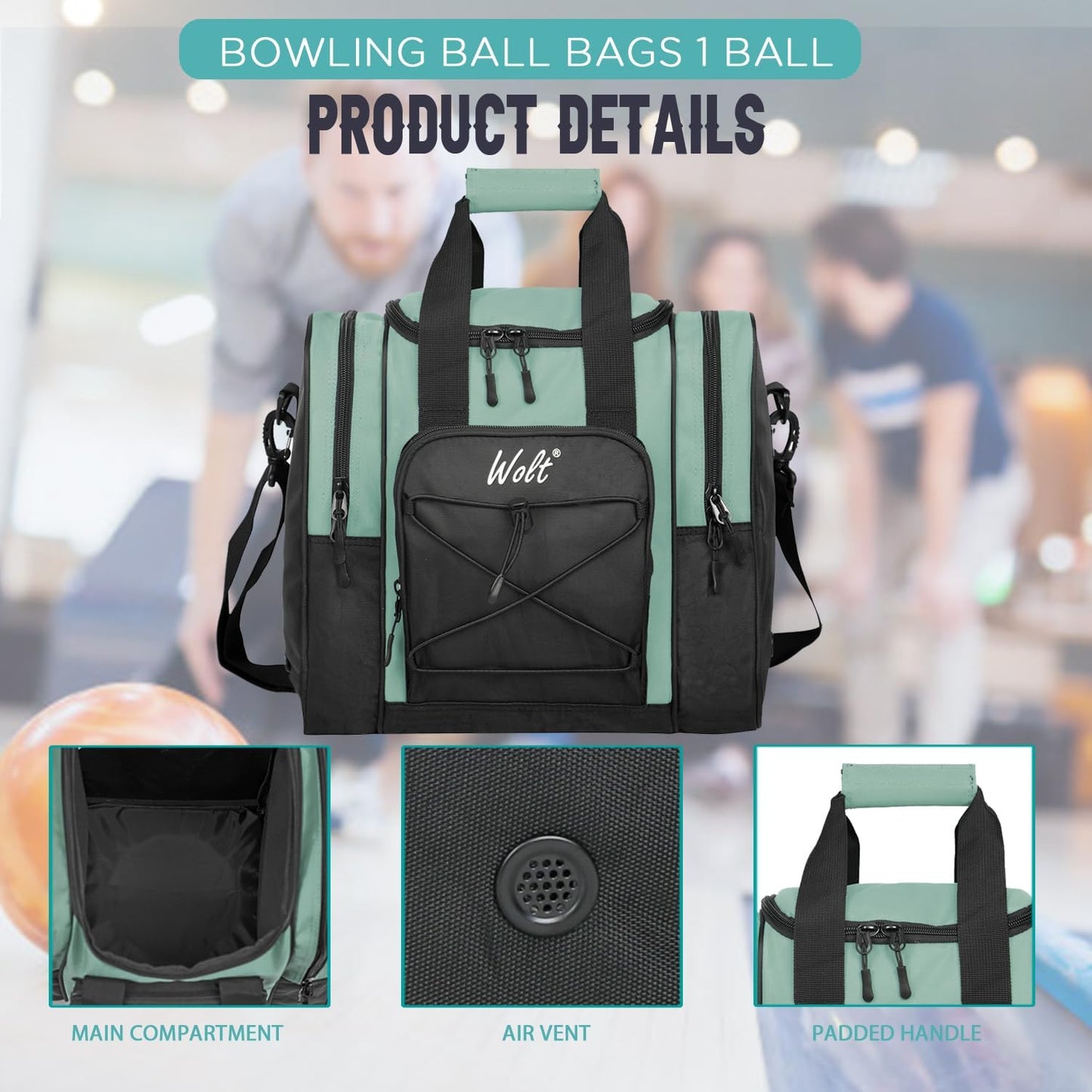 WOLT Bowling Ball Bag for Single Ball - Bowling Ball Tote Bag with Padded Ball Holder, 2 Pockets fit Bowling Shoes Up to Mens Size 14 and Accessories