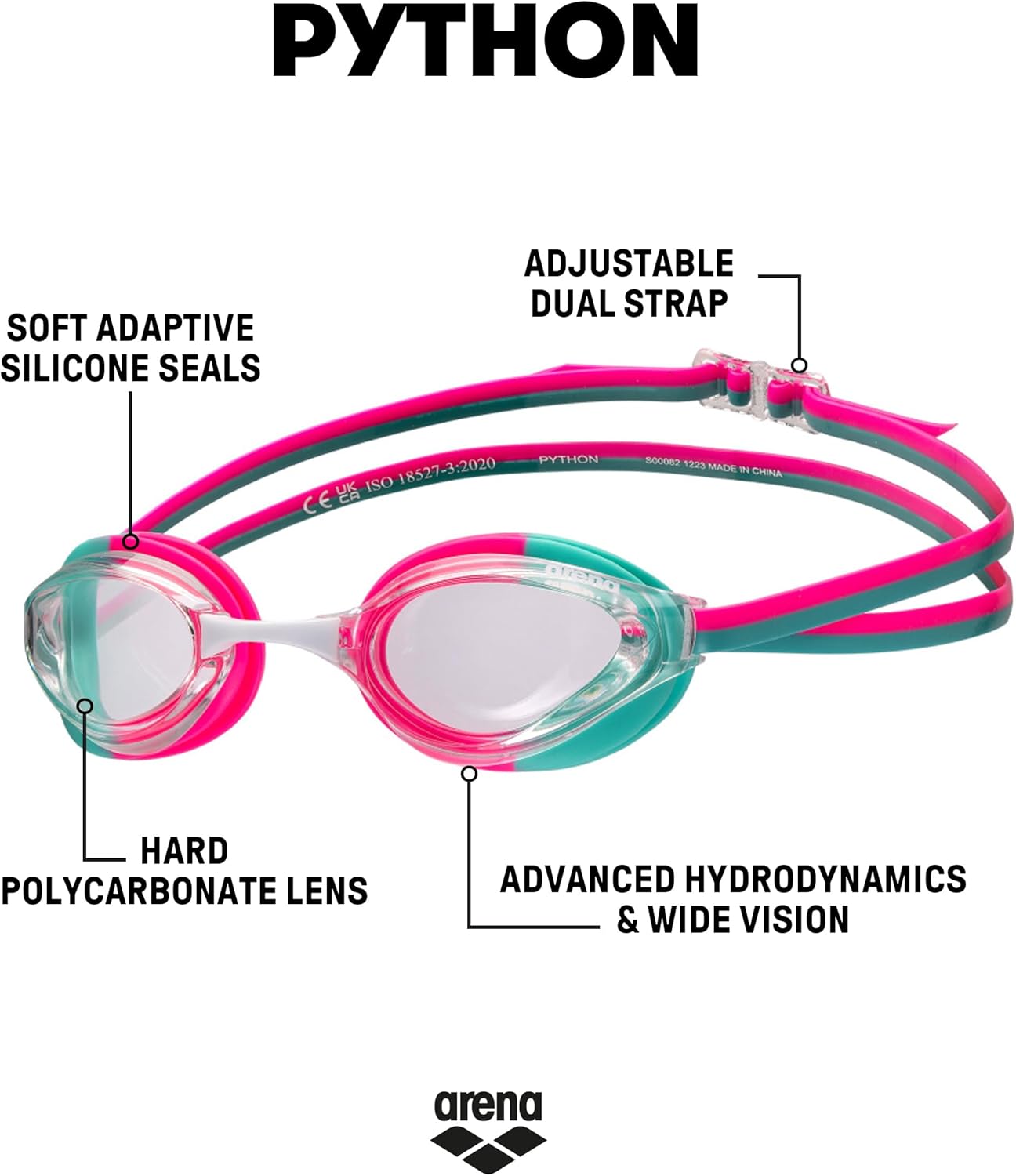 ARENA Unisex Python Racing Swim Goggles for Men and Women Anti-Fog No Leak Max Comfort Dual Strap, Mirror/Non-Mirror Lens