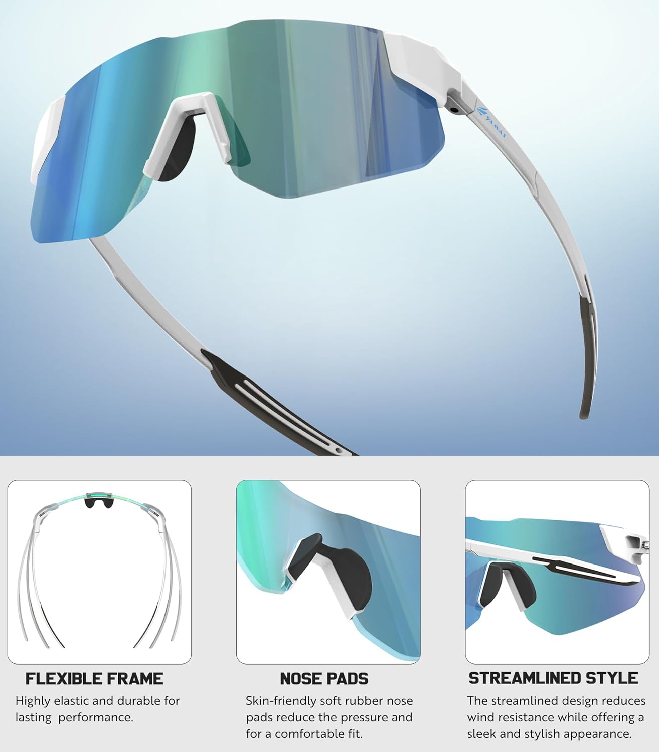 YAMAS Sport Sunglasses for Mens Womens, Wrap around Sunglasses, Non-Slip Nose Pads for Climbing and Running, UV400 Protection