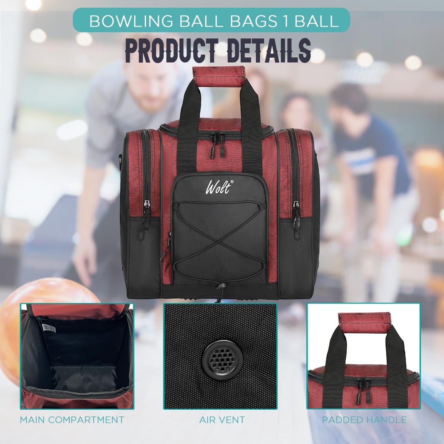 WOLT Bowling Ball Bag for Single Ball - Bowling Ball Tote Bag with Padded Ball Holder, 2 Pockets fit Bowling Shoes Up to Mens Size 14 and Accessories