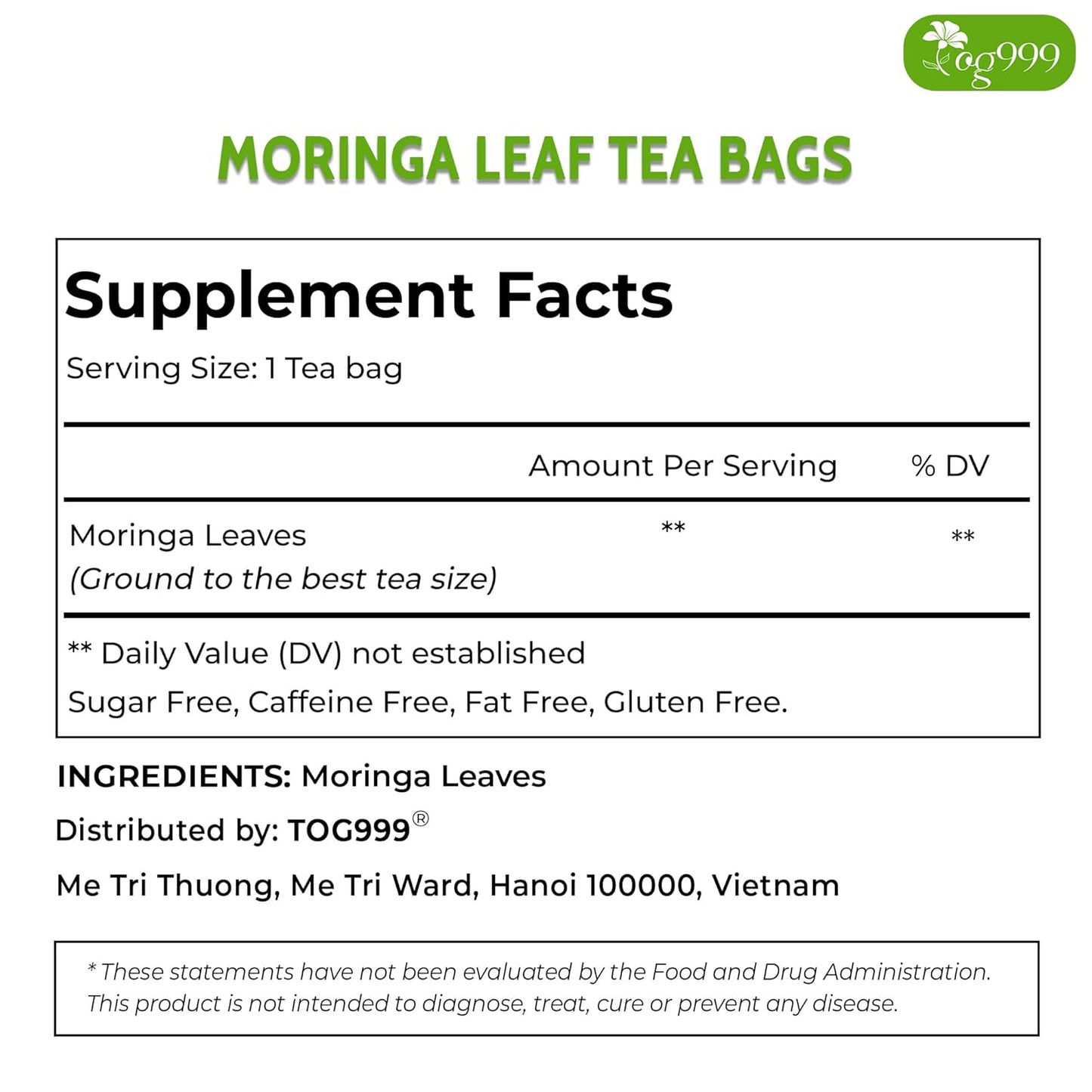 TOG999, Premium 30 Moringa Leaf Tea Bags, 100% Natural & Pure from Moringa Leaves. Loose Leaf Moringa Herbal Tea. Moringa Leaf Tea. No Sugar, No Caffeine, No Gluten, Vegan.