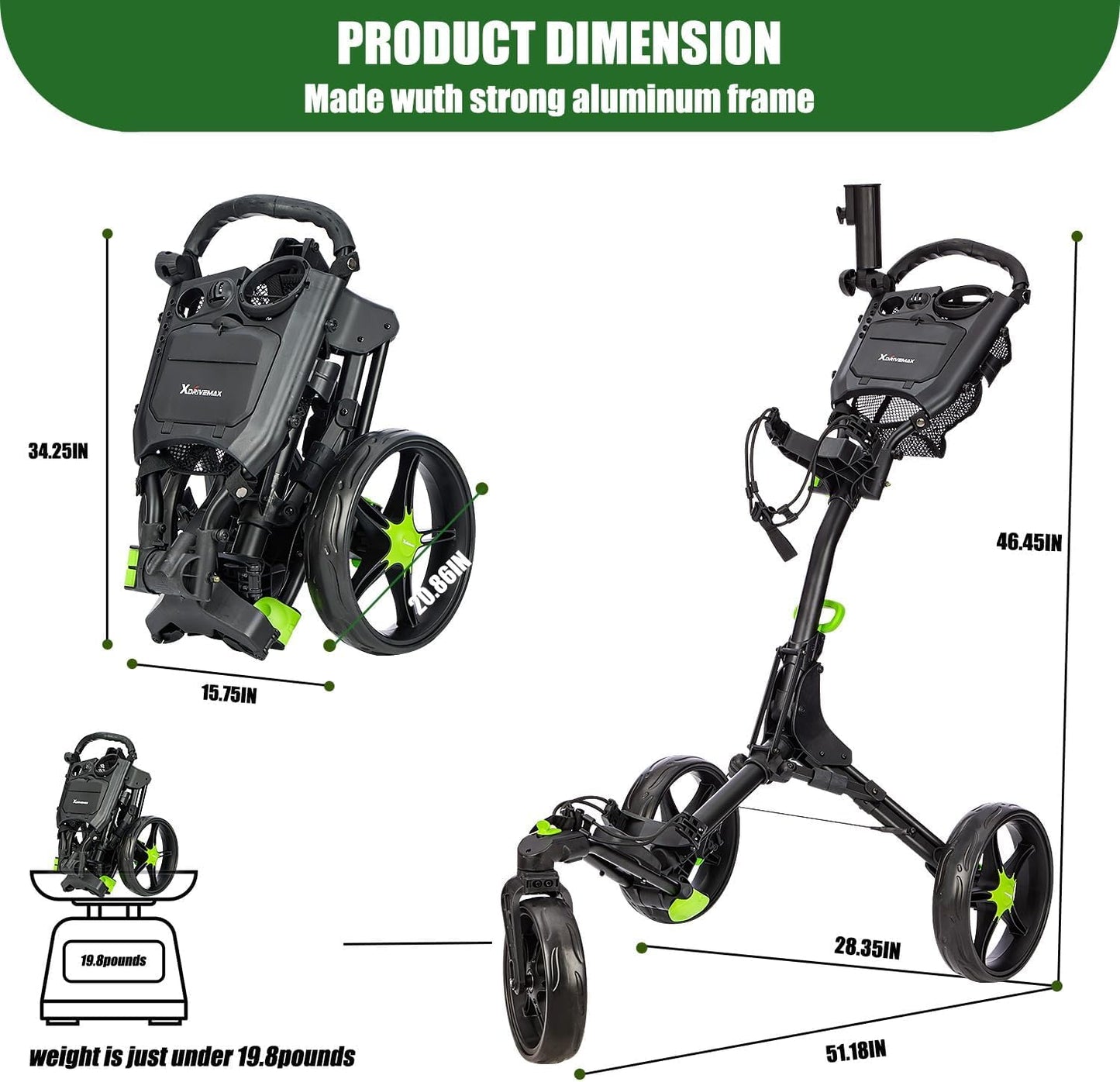 Golf Push Cart Series: 2-Wheel, 3-Wheel, 4-Wheel & 360° Swivel Front Wheel