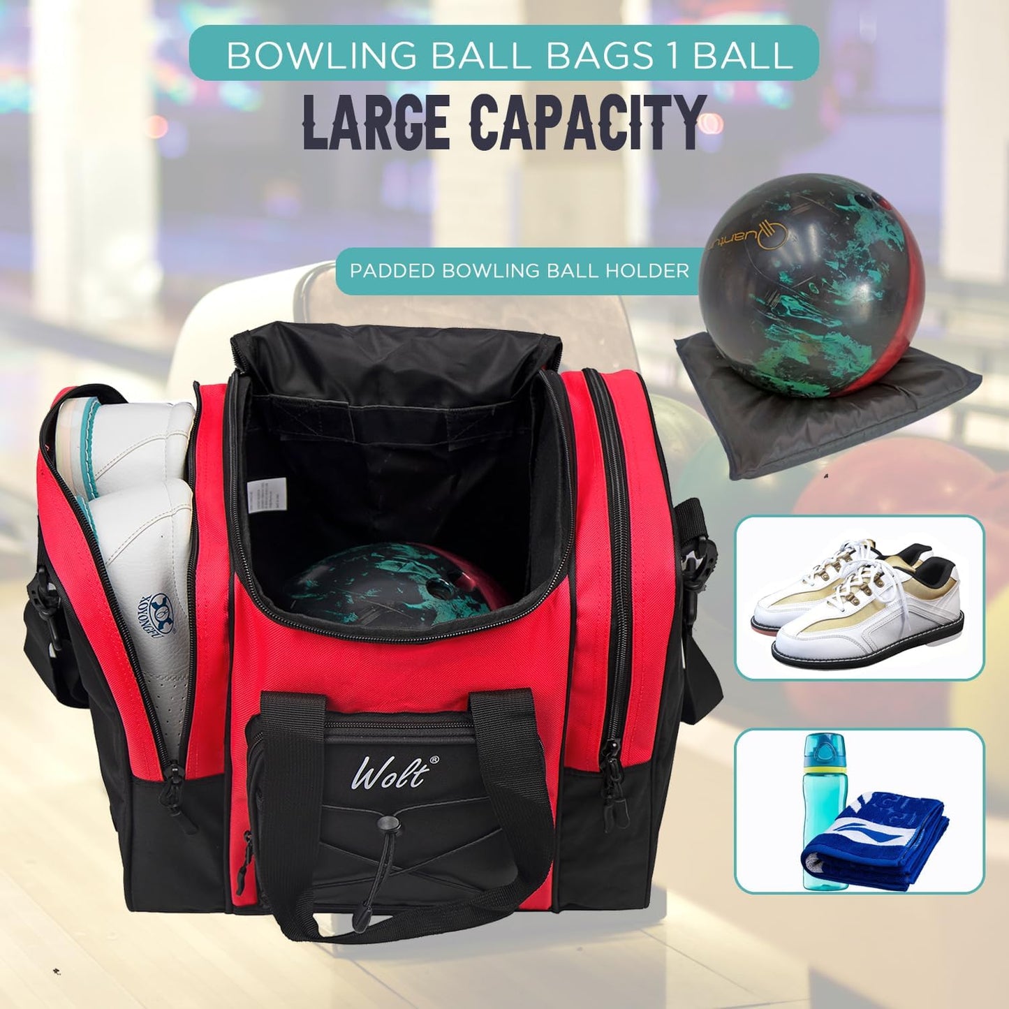 WOLT Bowling Ball Bag for Single Ball - Bowling Ball Tote Bag with Padded Ball Holder, 2 Pockets fit Bowling Shoes Up to Mens Size 14 and Accessories