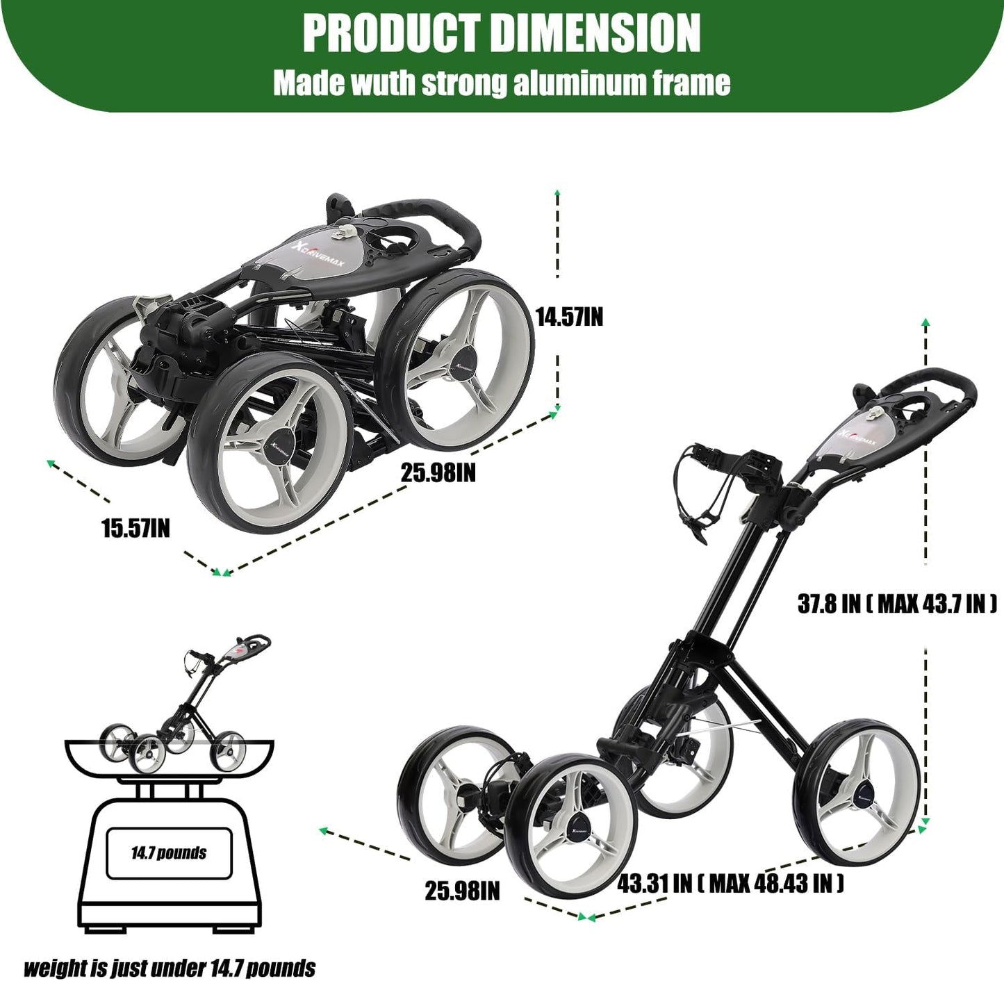 Golf Push Cart Series: 2-Wheel, 3-Wheel, 4-Wheel & 360° Swivel Front Wheel