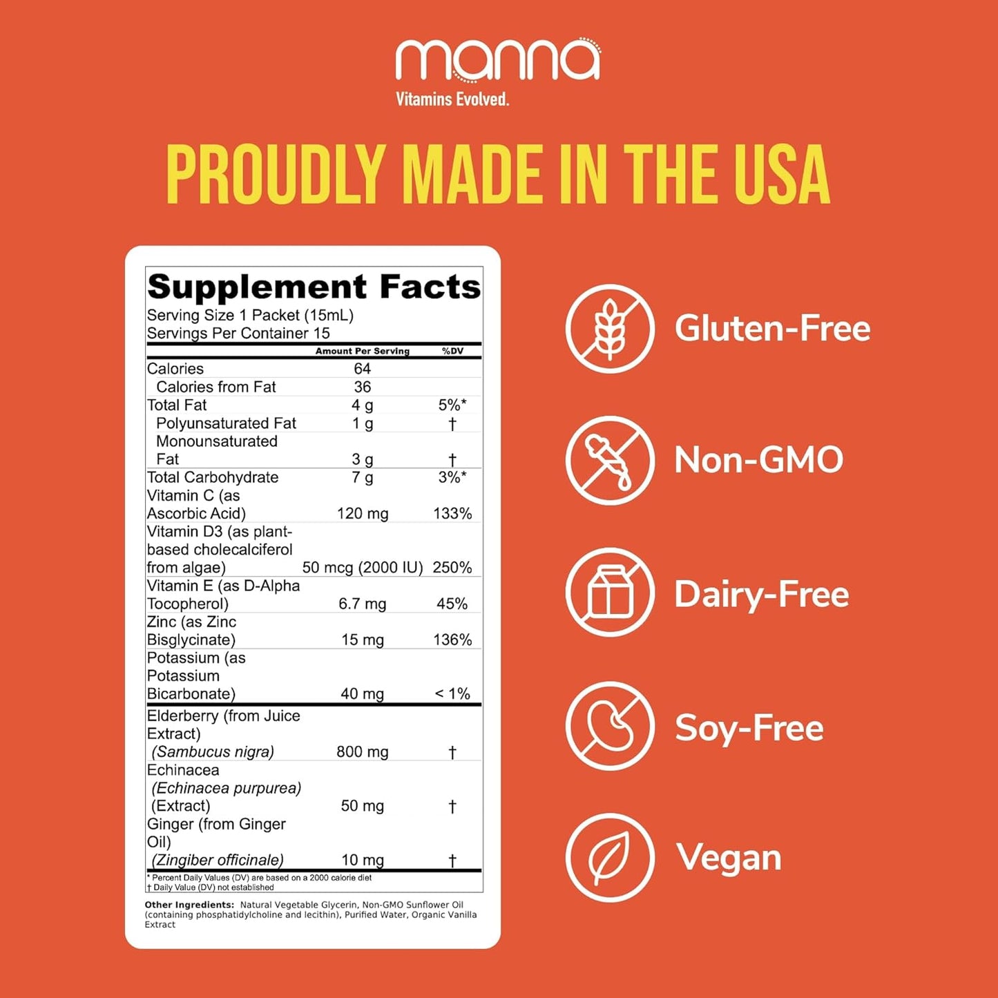 Manna Vitamins Evolved Liposomal Elderberry Immune Packets, Vitamins C, D etc. - Daily Immune Support for Adults, Kids - Sugar Free, Real Elderberry Extract, Syrup, Travel-Friendly, 15 Pack