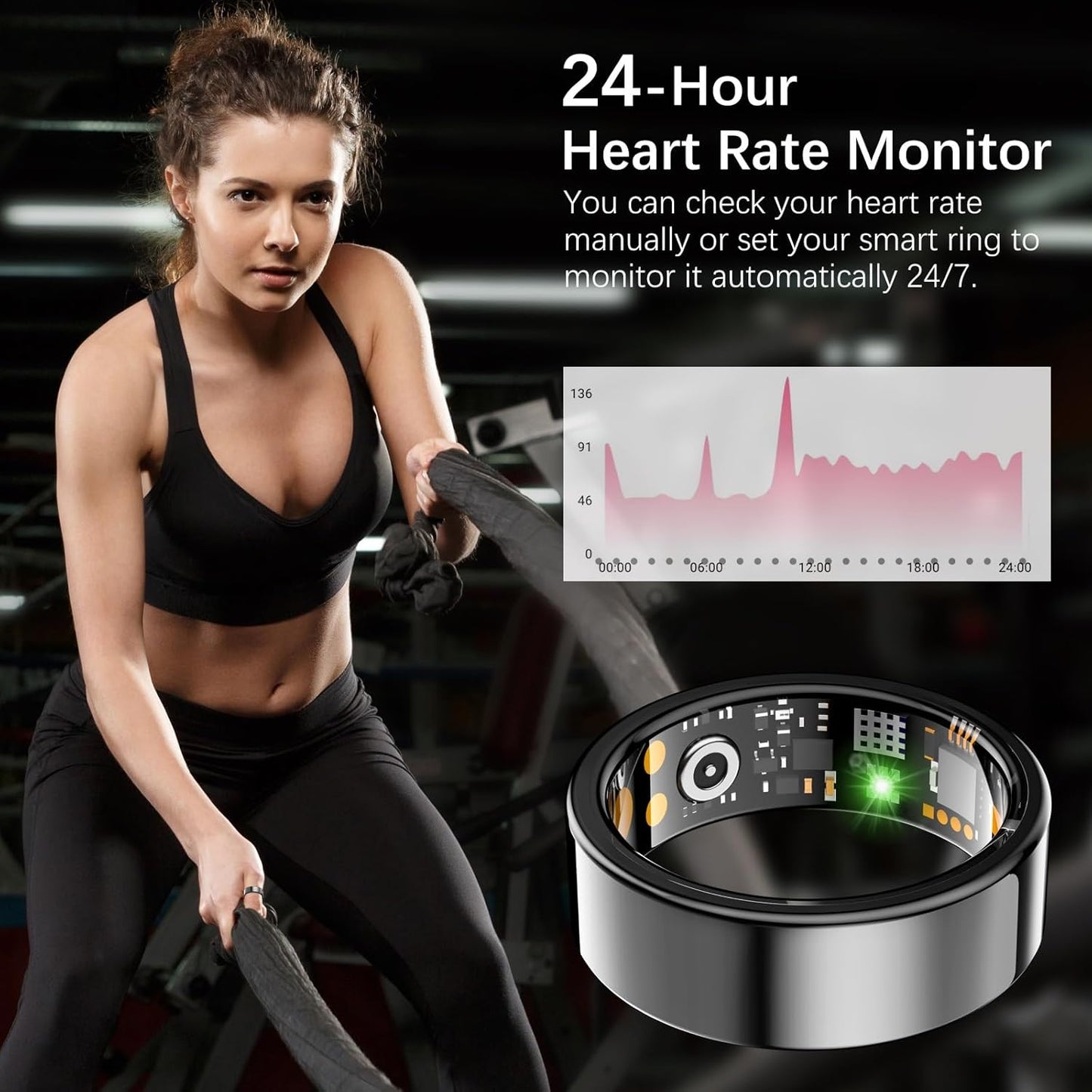 Ring Health Tracker for Women Men, Fit Ring with Heart Rate, Blood Oxygen, Sleep Monitor, Calories, Step Counter, IP68 Waterproof Smart Ring for iPhone & Android, No Subscription Fee (Black, 6#)