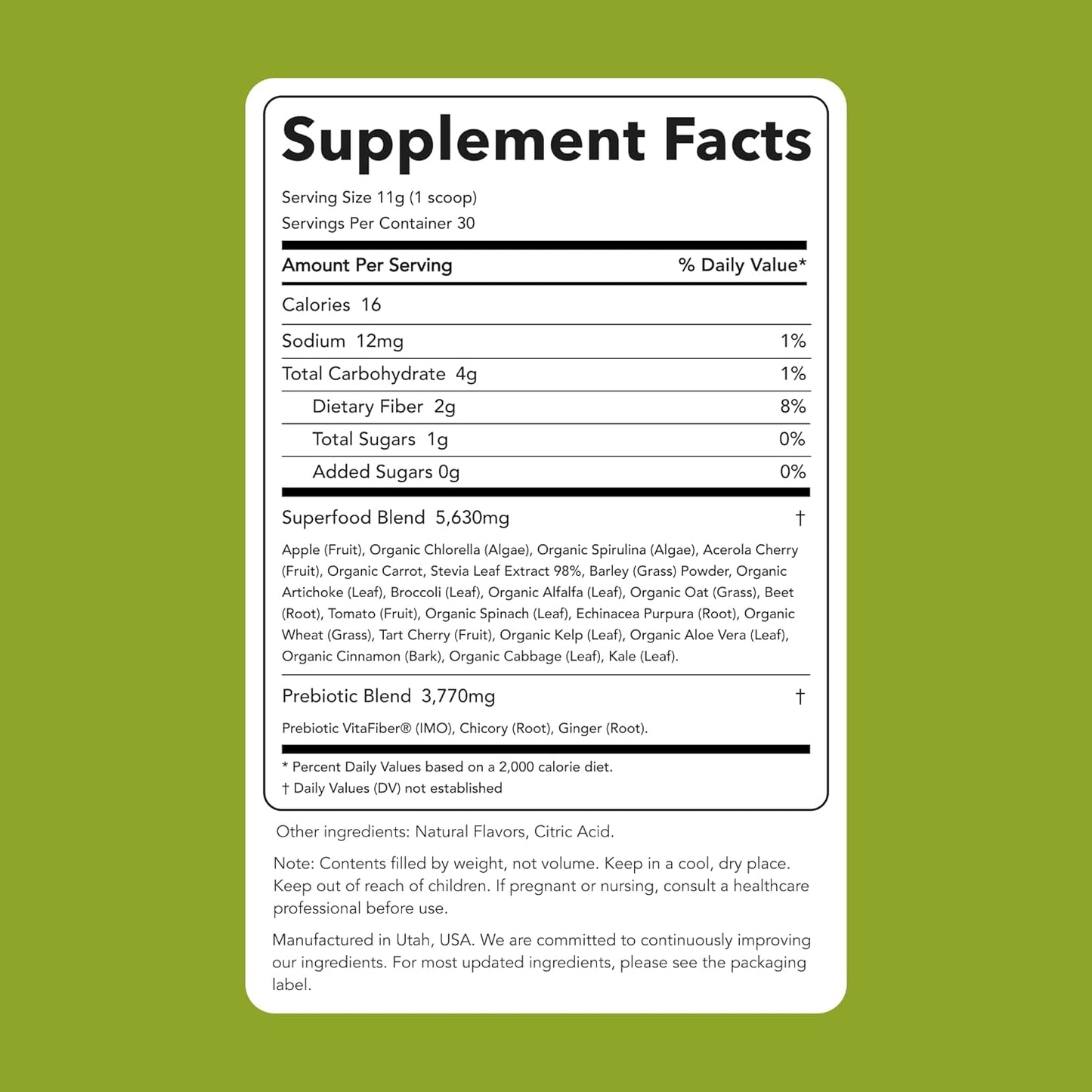 Clean Simple Eats Super Greens Powder, Naturally Flavored Greens Powder with Chlorella, Spirulina, Superfoods & Prebiotic Fiber, No Artificial Ingredients, Gluten Free, Green Apple Flavor, 30 Servings