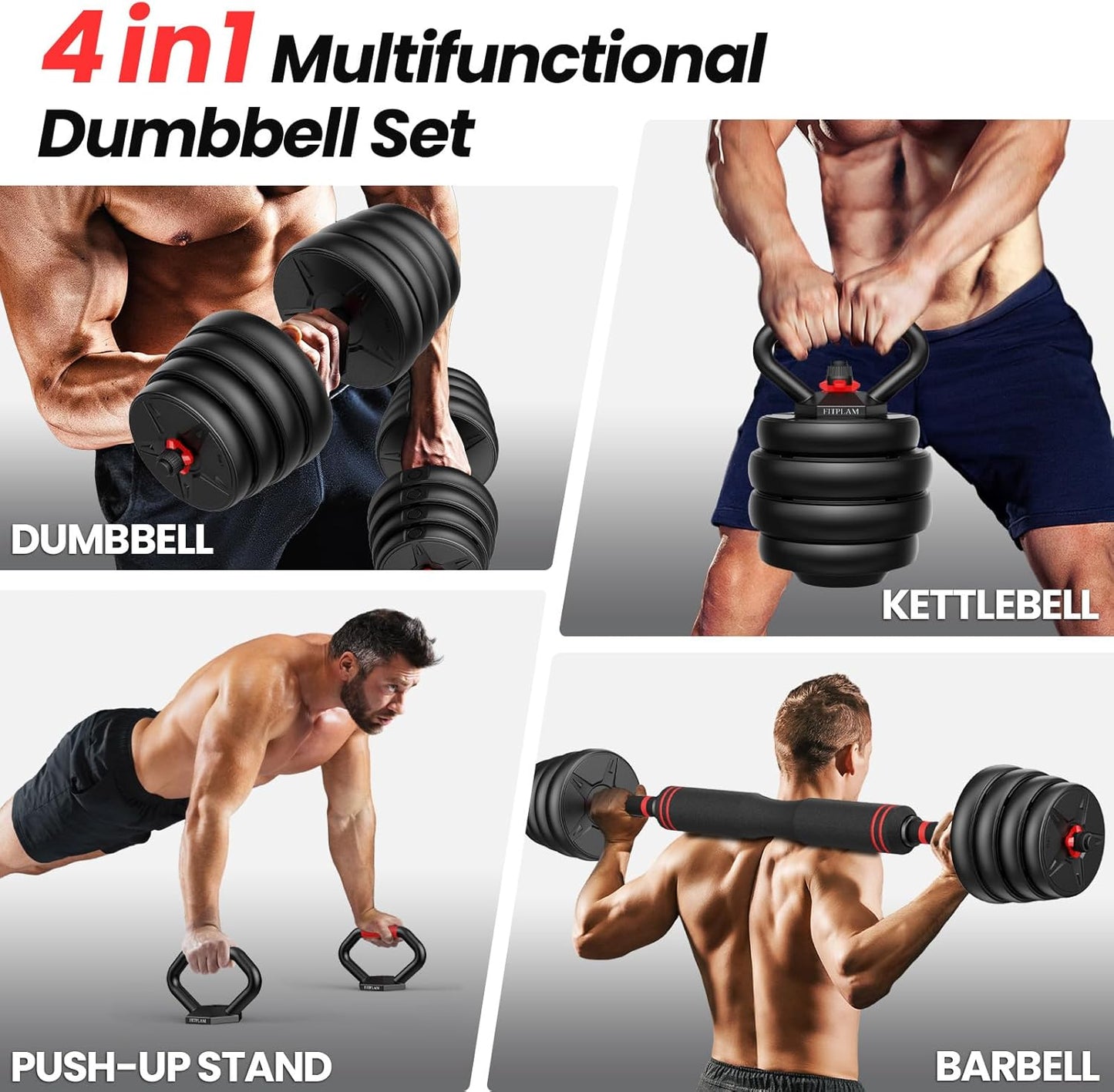 Adjustable Dumbbell Set, 55/70lbs Free Weights with Upgraded Nut, 4 in 1 Weight Set Used as Kettlebells, Barbell, Push Up Stand, Fitness Exercise for Home Gym Suitable for Men/Women