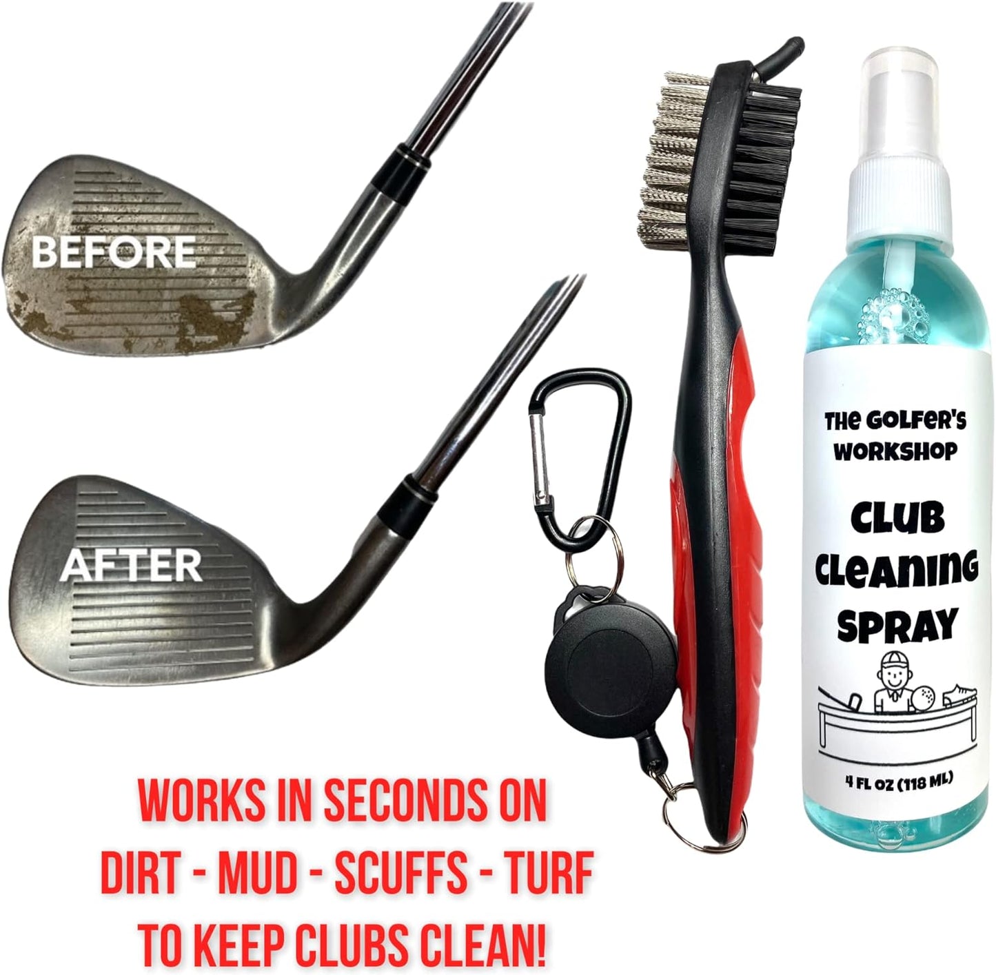 The Golfer's Workshop 4oz Club Cleaning Spray and Golf Club Brush with Groove Cleaner, 2ft Retractable Zip-line, Carabiner Clip