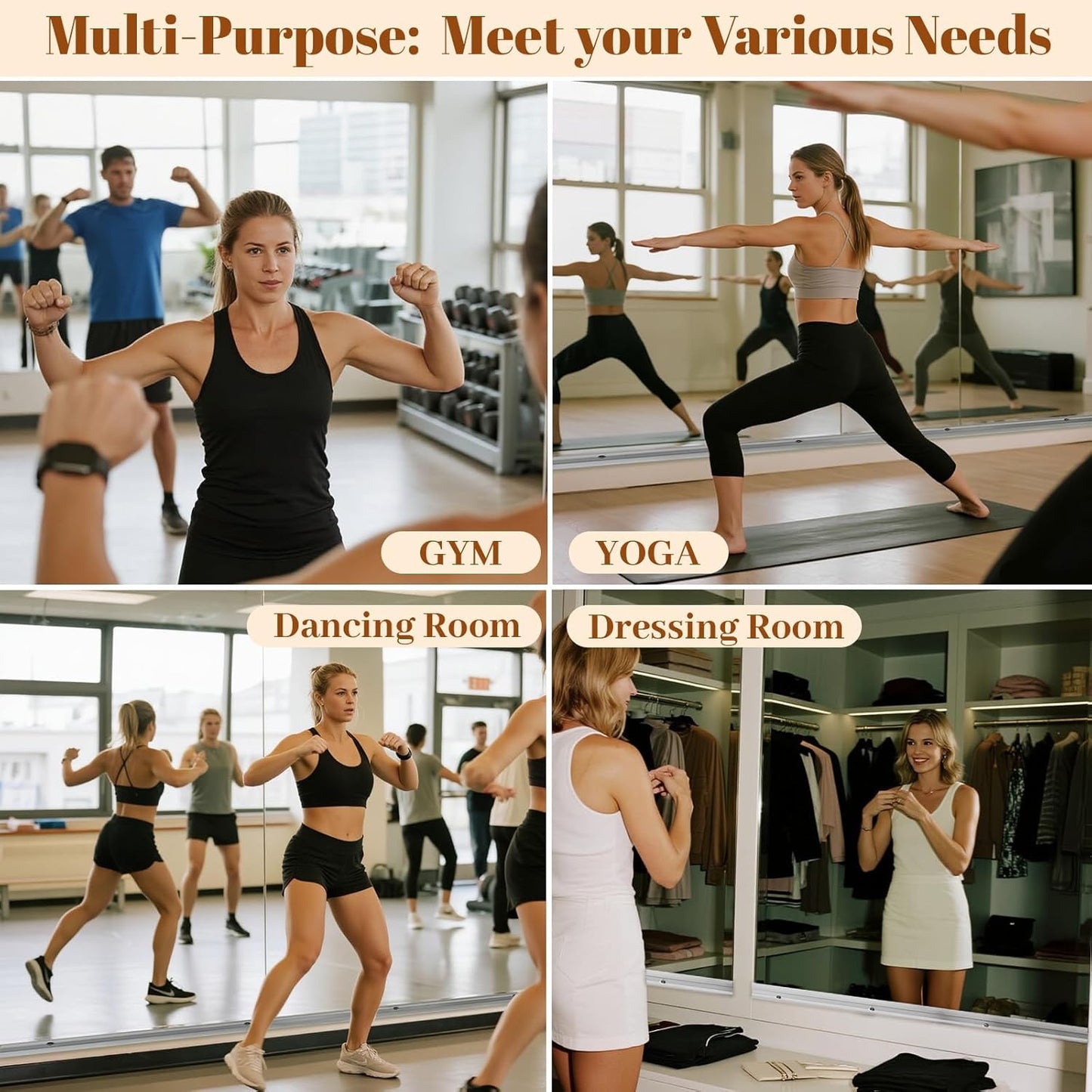 Home Gym Mirror - 3 PCS 16×56 inches, Large Frameless Wall Mounted Full Length Body Mirror for Dancing Studio, Exercise, Fineness, Yoga, Tempered Glass