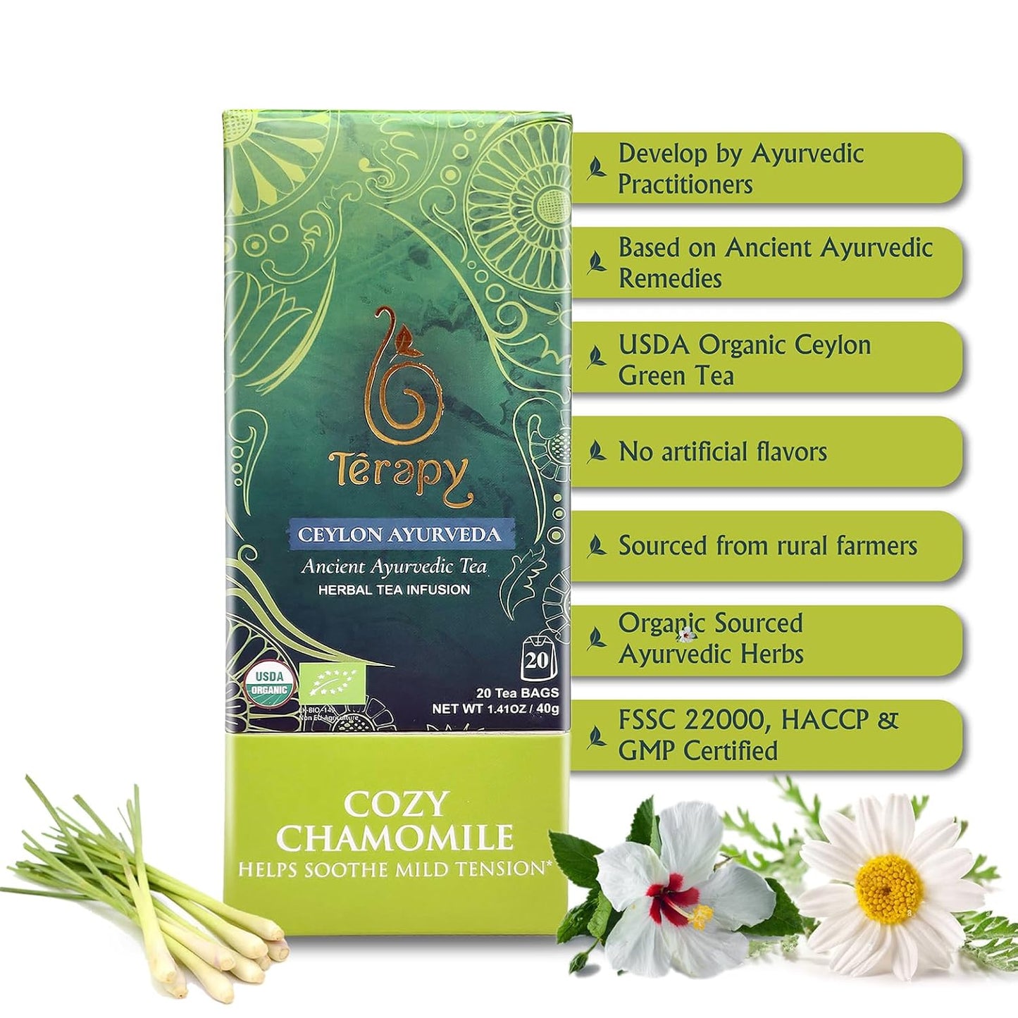 Térapy Ceylon CHAMOMILE TEA | USDA Organic Herbal Tea Bags | 100% Natural Ayurvedic Ingredients including Organic Chamomile, Ashwagandha, Cinnamon & Licorice| 20 Individually Wrapped Tea Bags