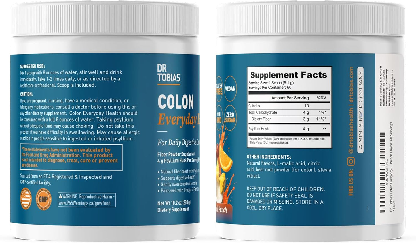 Dr. Tobias Colon Everyday Health - Gut Health for Women & Men - Psyllium Fiber Powder Drink with 4g Psyllium Husk Powder per Serving, Vegan, Gluten Free, Non-GMO, Fruit Punch, 60 Servings