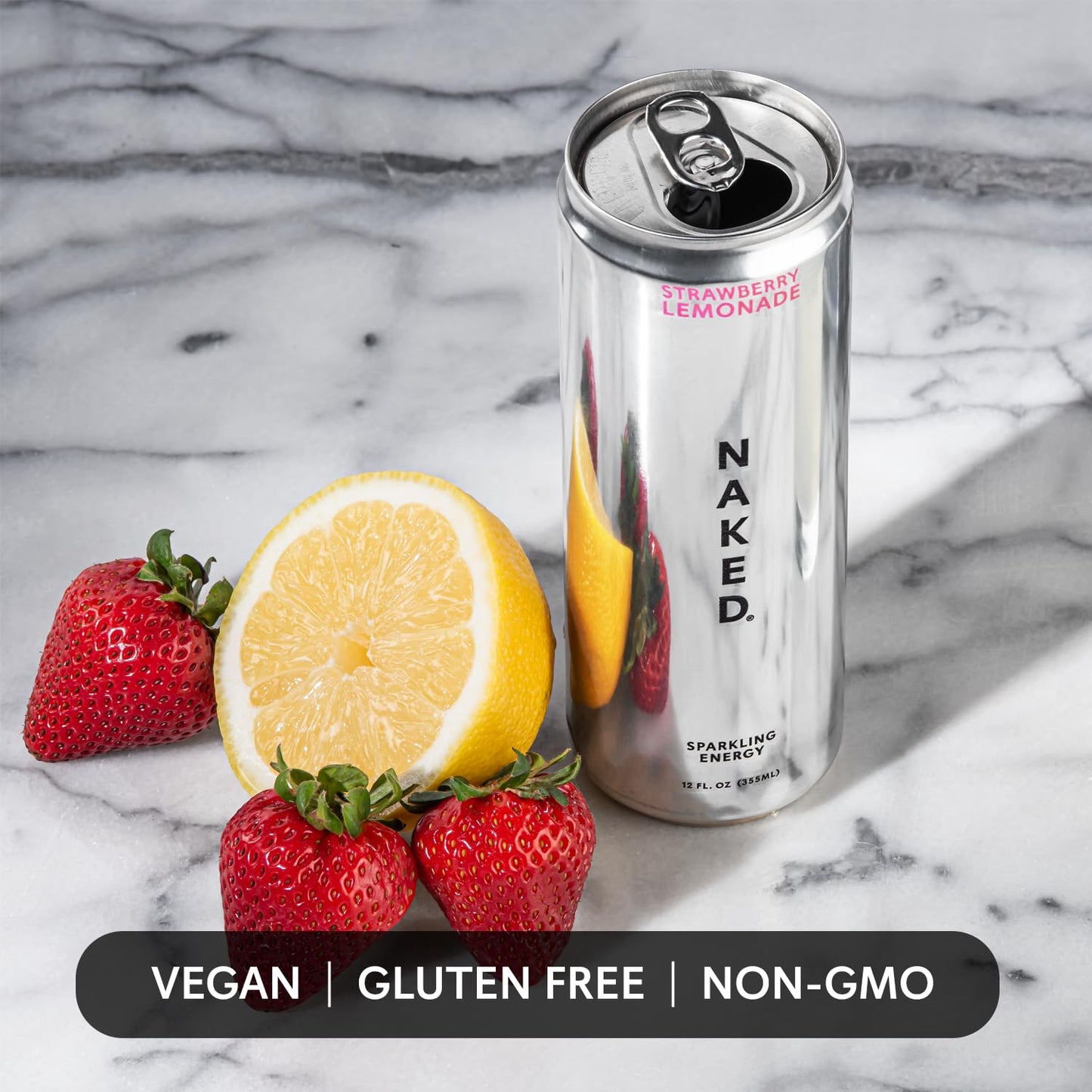 Naked Sparkling Energy Drink - Strawberry Lemonade, Organic Caffeine, Organic Lemon Juice, Zero Sugar, No Sucralose, Naturally Sweetened, Natural Energy Drinks, Vegan, Gluten-Free, Non-GMO - 12oz Cans (Pack of 12)