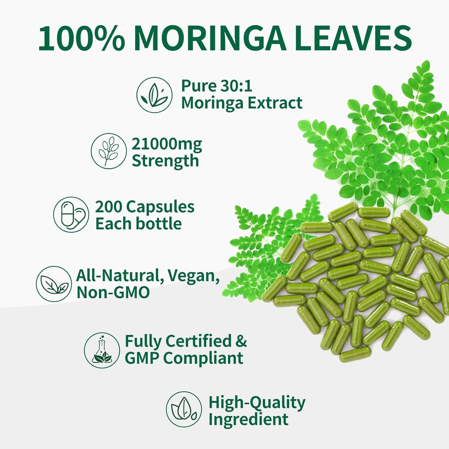 Moringa Capsules with Pure Moringa Powder | Skin Health and Immune Support | Non GMO, Gluten Free