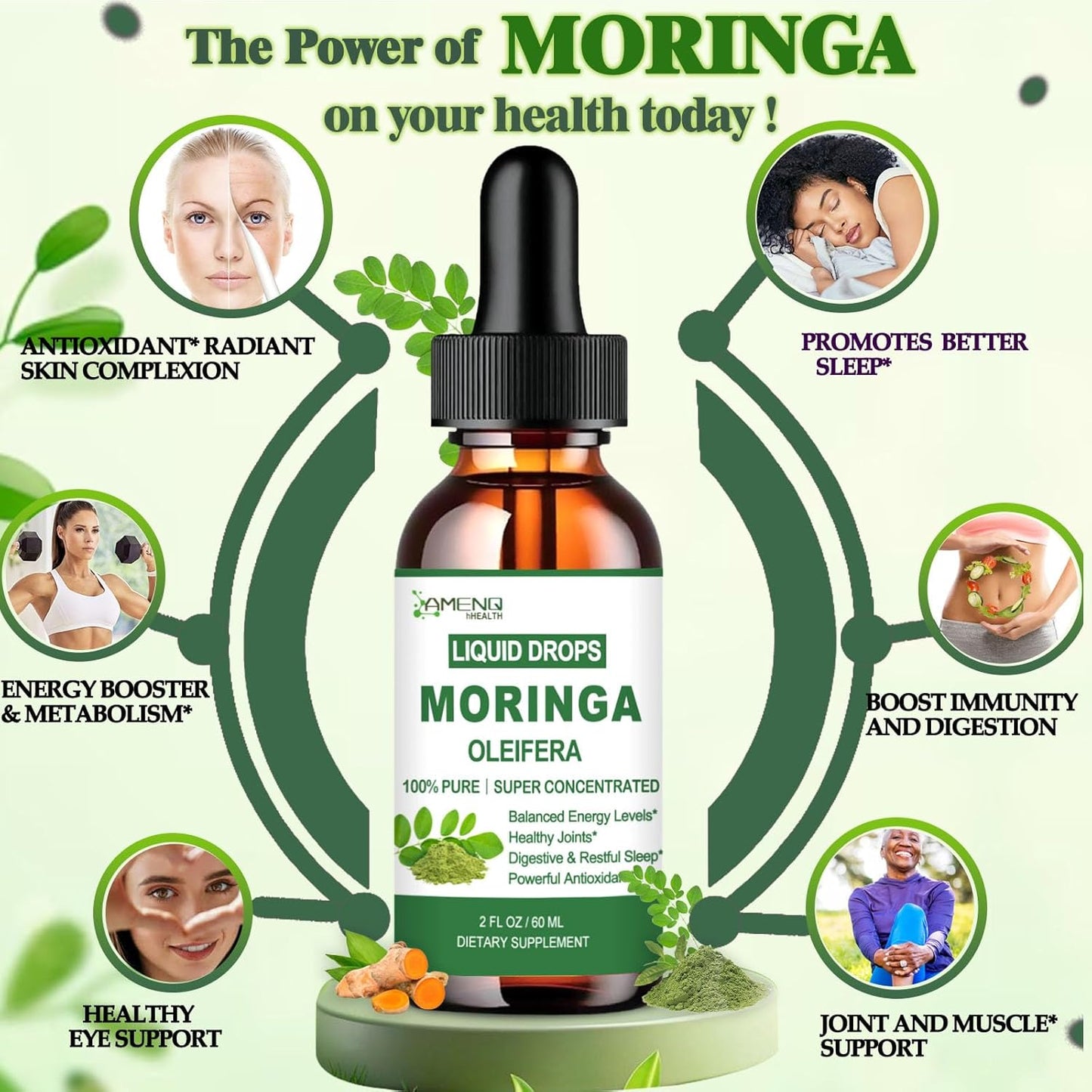 Pure Moringa Oleifera Liquid Drops, Organic Moringa Leaf Extract w. Turmeric, Black Pepper, Moringa Supplement for Energy Metabolism Immune Skin Joint & Gut, 6X Stronger Than Moringa Capsules Powder