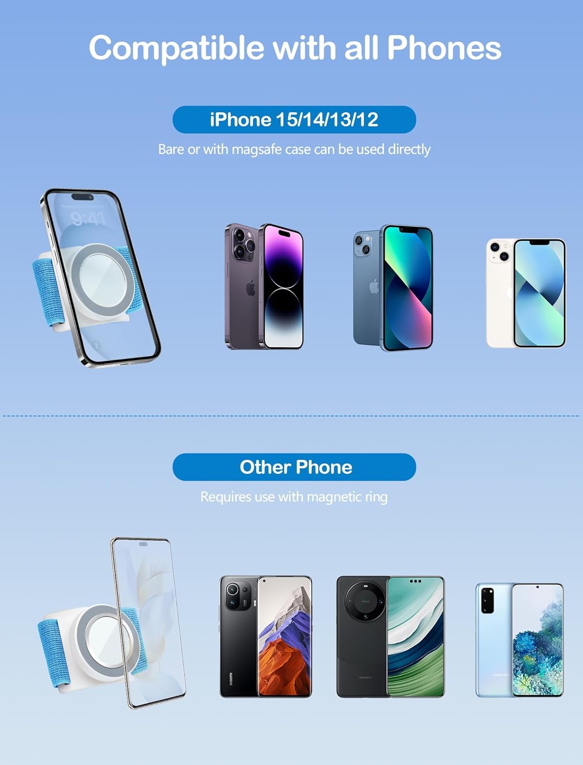 TOPGO Magnetic Running Phone Holder for iPhone, HD Mirror & Extendable Anti-Drop Rope for Gym/Yoga, 360° Rotatable Wrist Phone Holder, Fits iPhone 16 Pro & Android (Blue, 2 Straps)