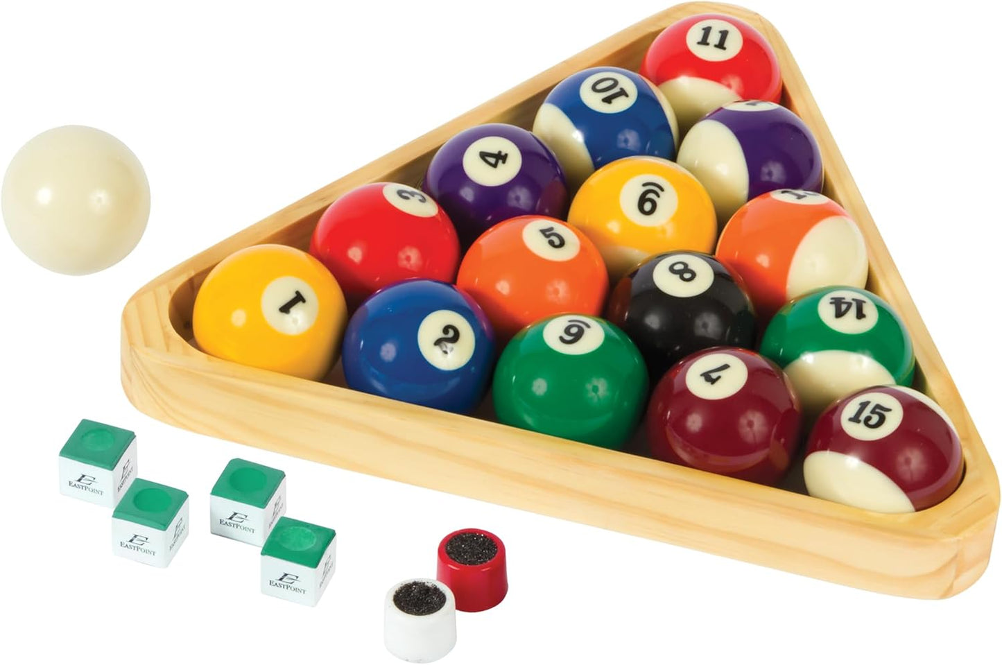 EastPoint Sports Masterton Billiard Ball Set - Full Set Tournament Spec Resin Billiard Balls - Wooden 8-Ball Rack with 9 Ball Insert - Includes Chalk and Scuffer