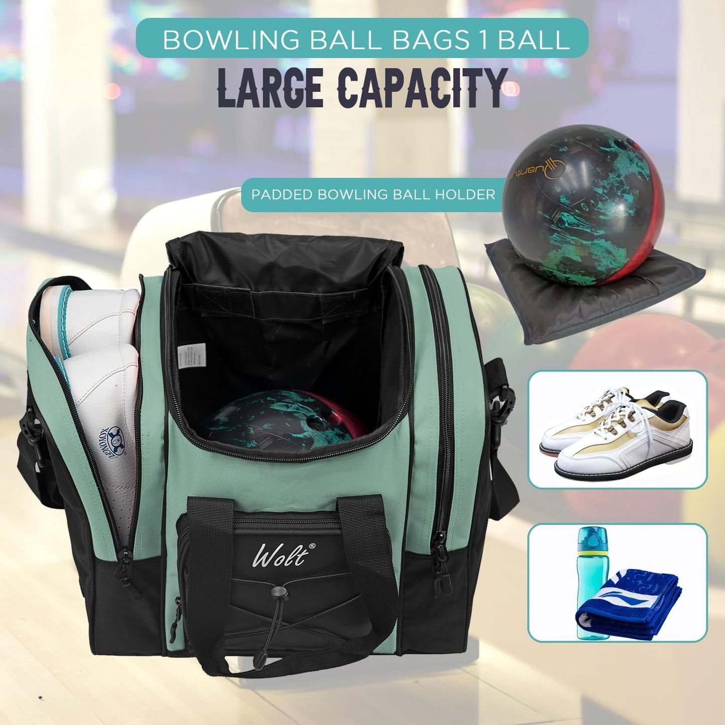 WOLT Bowling Ball Bag for Single Ball - Bowling Ball Tote Bag with Padded Ball Holder, 2 Pockets fit Bowling Shoes Up to Mens Size 14 and Accessories