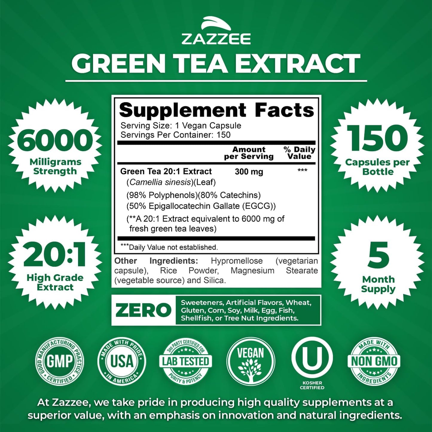 Zazzee Extra Strength Green Tea 20:1 Extract, 6000 mg Strength, 50% EGCG, 98% Polyphenols and 80% Catcehins, 150 Vegan Capsules, 5 Month Supply, Standardized and Concentrated 20X Potency, Non-GMO