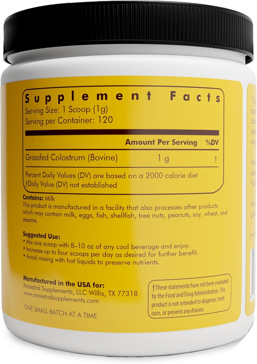 Ancestral Supplements Bovine Colostrum Powder - Grass Fed, Freeze Dried, Immune Support and Gut Health, 120 Servings