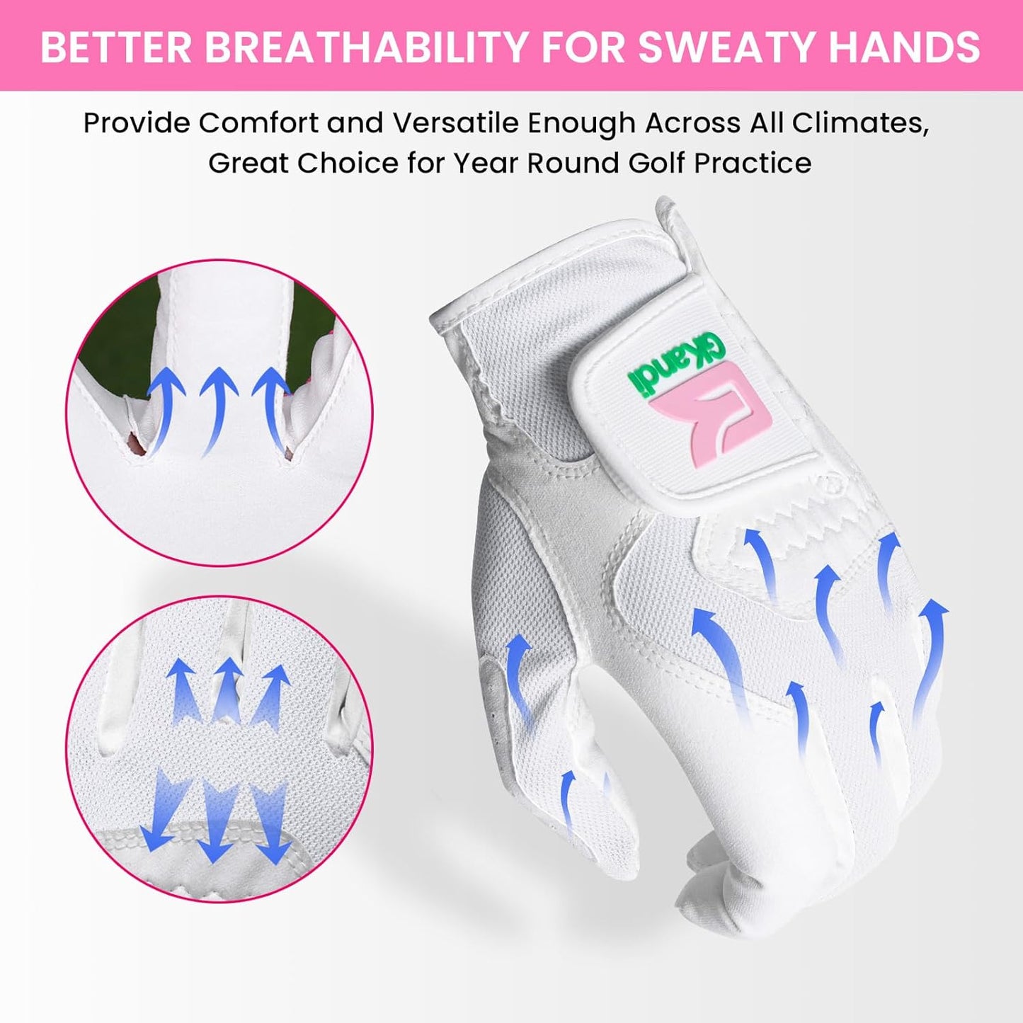 Golf Gloves Women Left Right Handed Golfer Rain Grip Hot Wet All Weather Value 2 Pack, Left Hand Right Pink Womens Golf Glove Breathable Flexible Mesh for Ladies