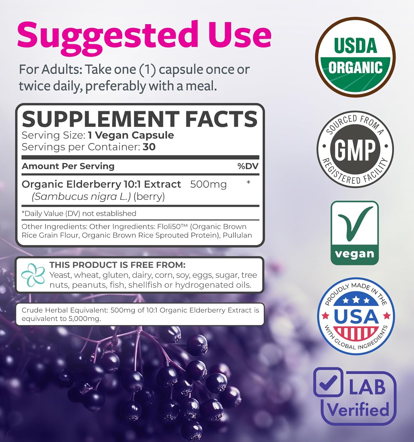 Organic Elderberry Capsules - 10:1 Extract Equals 5,000mg of Fresh Elderberries (Vegan) for Immune Support, Allergy, Sinus Relief - Sambucus Nigra - Black Elderberry - 30 Caps (No Pills or Gummies)