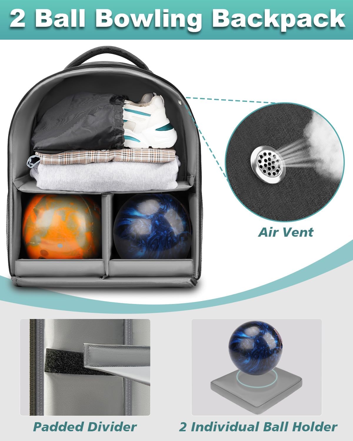 Bosynoy 2 Ball Bowling Backpack, Extra Large Bowling Ball Bag Totes with Protective Foam Padded, Accessory Pouch & Shoe Compartment Fits Up to Mens Size 16, Black