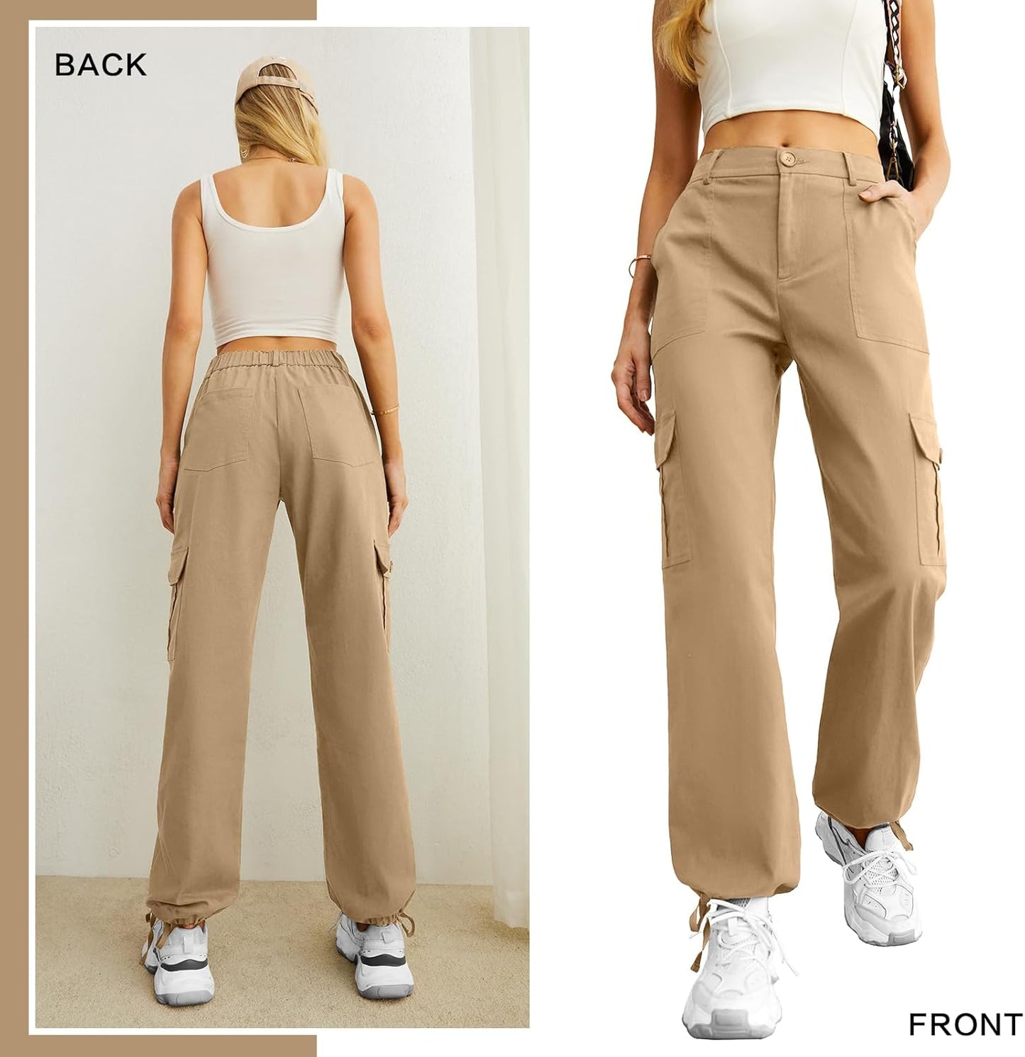 Lepunuo Women's High Waisted Cargo Pants Travel Y2K Streetwear Baggy Stretchy Pants with 6 Pockets Drawstring Ankle Cuffs