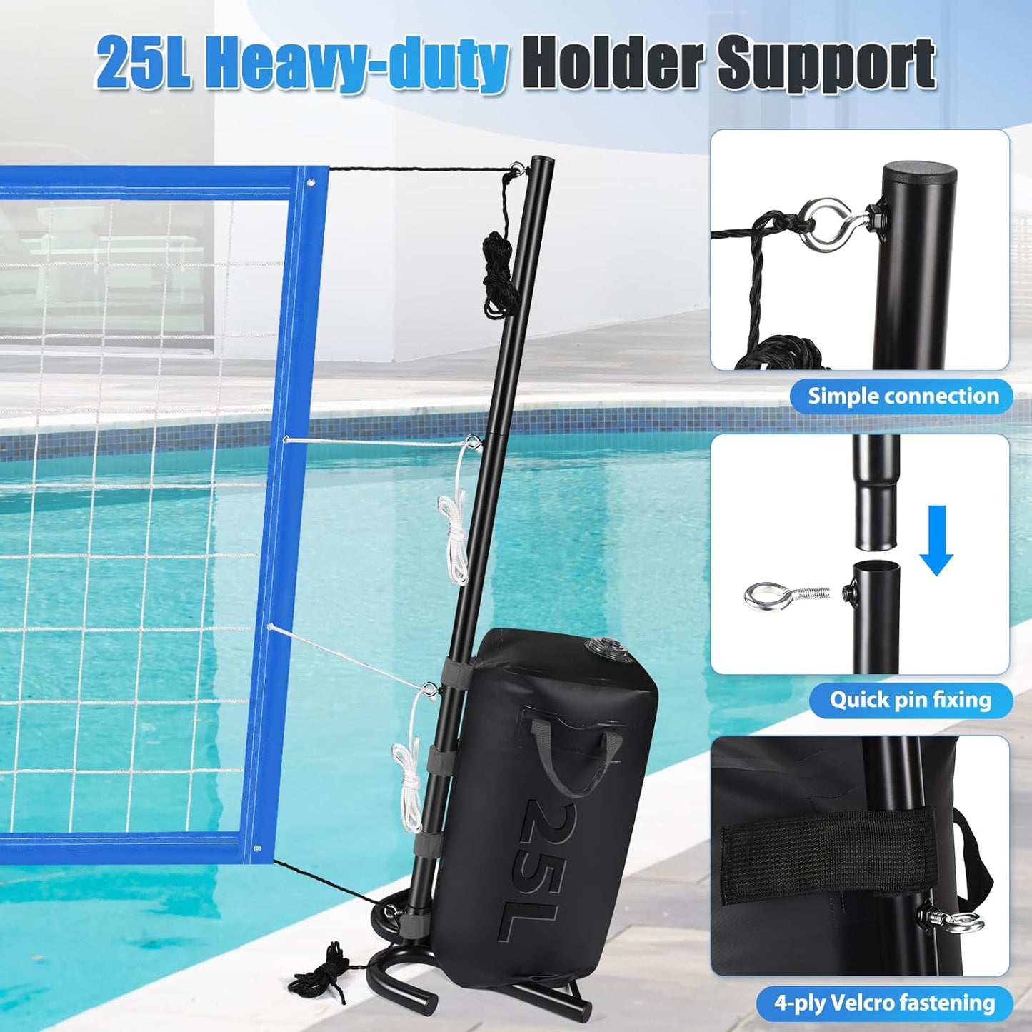 Pool Volleyball Net, Heavy-duty Pool Volleyball Set with 2 Pool Volleyballs, Stabilizing Pool Volleyball Net Holder with Two 25L Dual Water Bags Support - Pool Games for Adults and Family Needs
