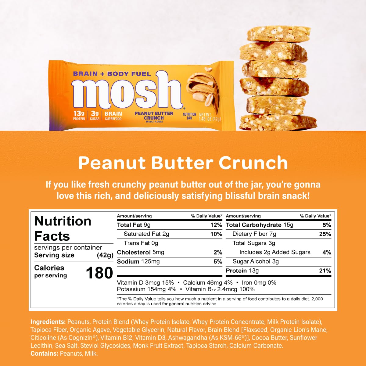 MOSH Variety Pack Keto Protein Bars, High Fiber, Low Carb, Gluten Free, High Protein, Brain Healthy Snack with Ashwagandha, Lion's Mane, 15 Count