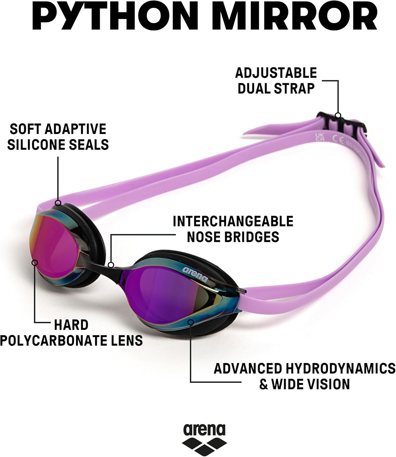 ARENA Unisex Python Racing Swim Goggles for Men and Women Anti-Fog No Leak Max Comfort Dual Strap, Mirror/Non-Mirror Lens