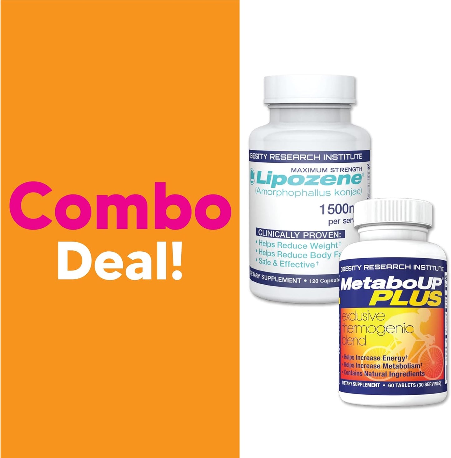 Lipozene Weight Loss Combo of one Mega Bottle 120 Count and one Bottle of MetaboUP Thermogenic Supplement 60 Count in Total - Boost Metabolism, Increase Energy, and Control Your Appetite