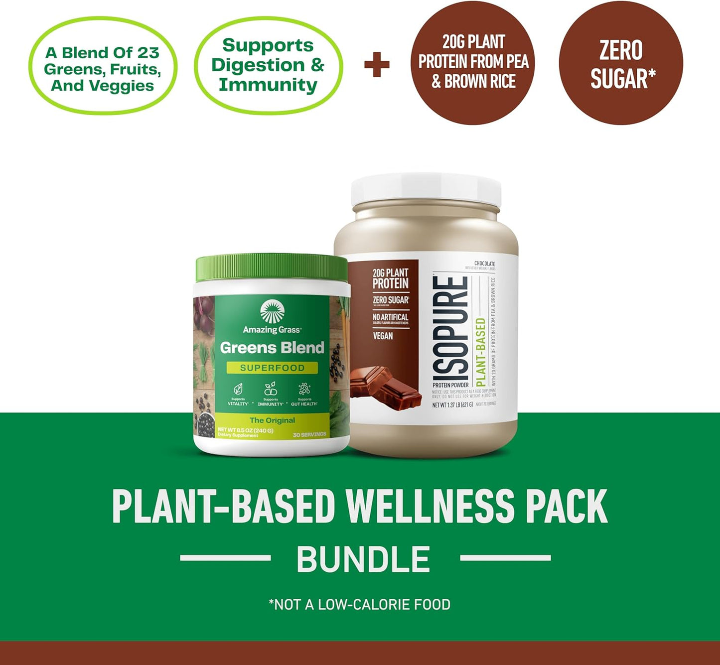 Bundle of Amazing Grass Greens Superfood Powder: Original, 30 Servings + Isopure Chocolate Vegan Protein Powder, Plant Based, Organic Pea Protein, Dairy Free, 20 Servings (Packaging May Vary)