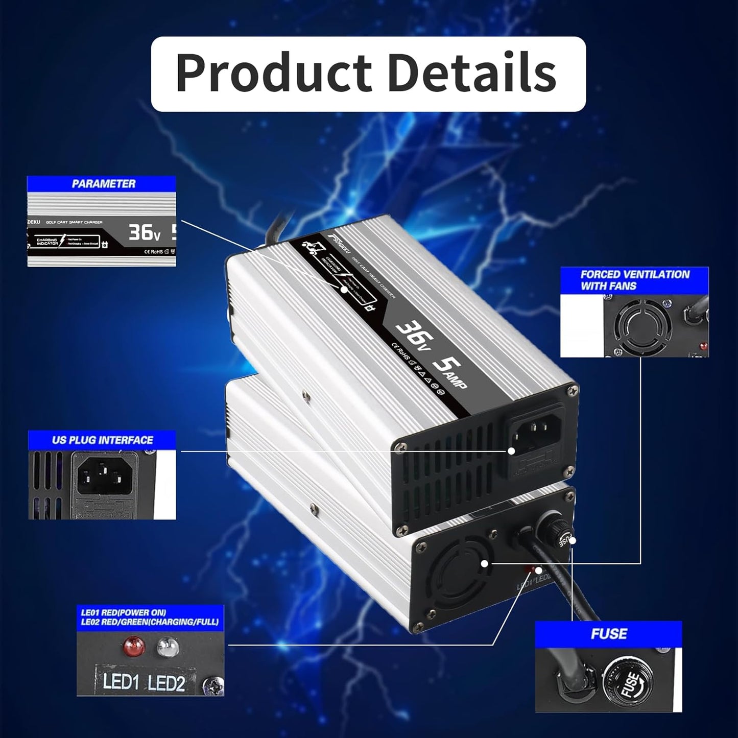 36V 5A Smart Golf Cart Battery Charger for Lead-Acid Batteries with EZGO-TXT Plug - 4-Stage Charging Technology, Fast & Safe Charging