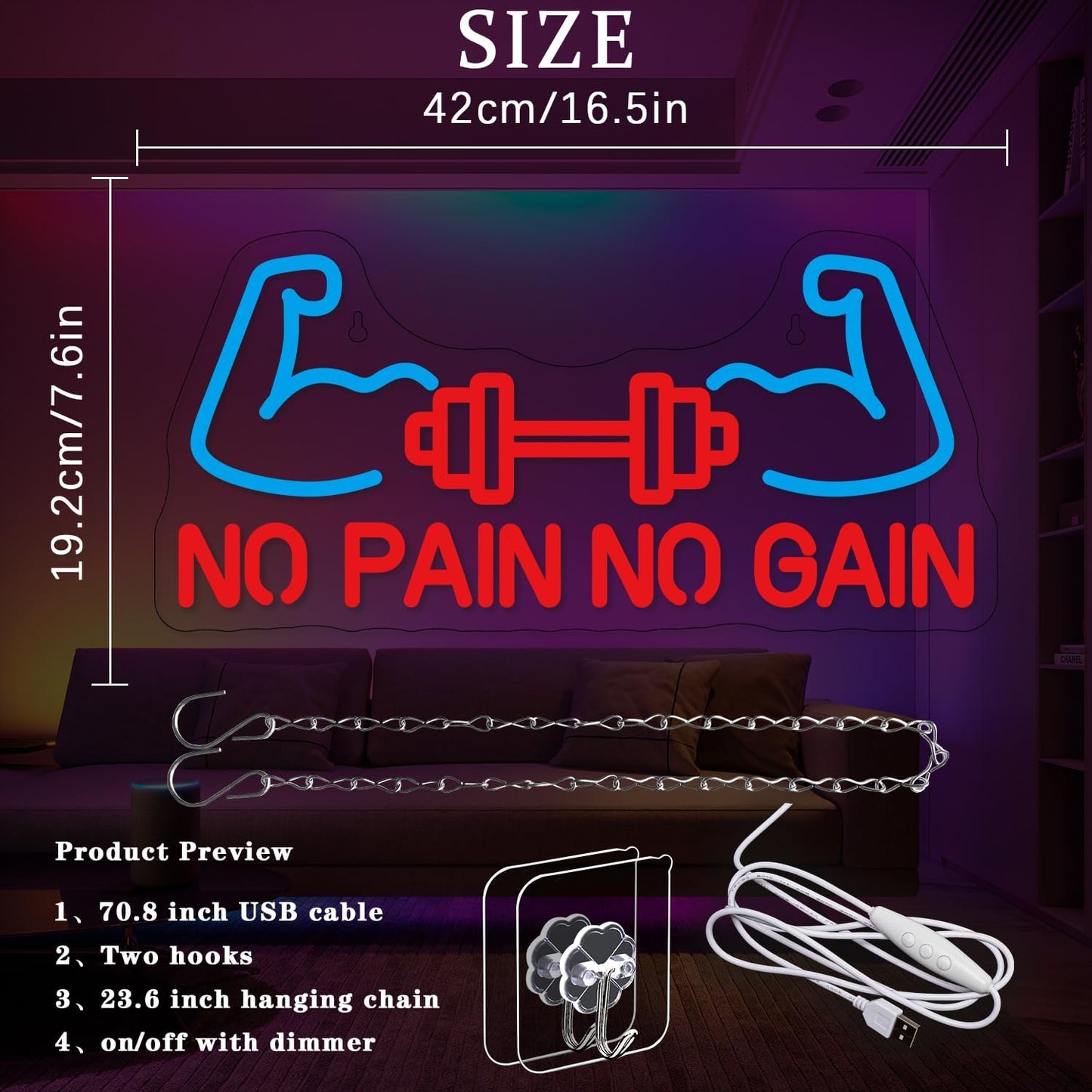 No Pain No Gain Neon Sign for Gym Decor Gym Neon Light Muscle Led Neon Sign Dumbbell LED Neon Light Weightlifting Neon Lights Fitness Club Neon Signs for Gym Fitness Club Store Decoration