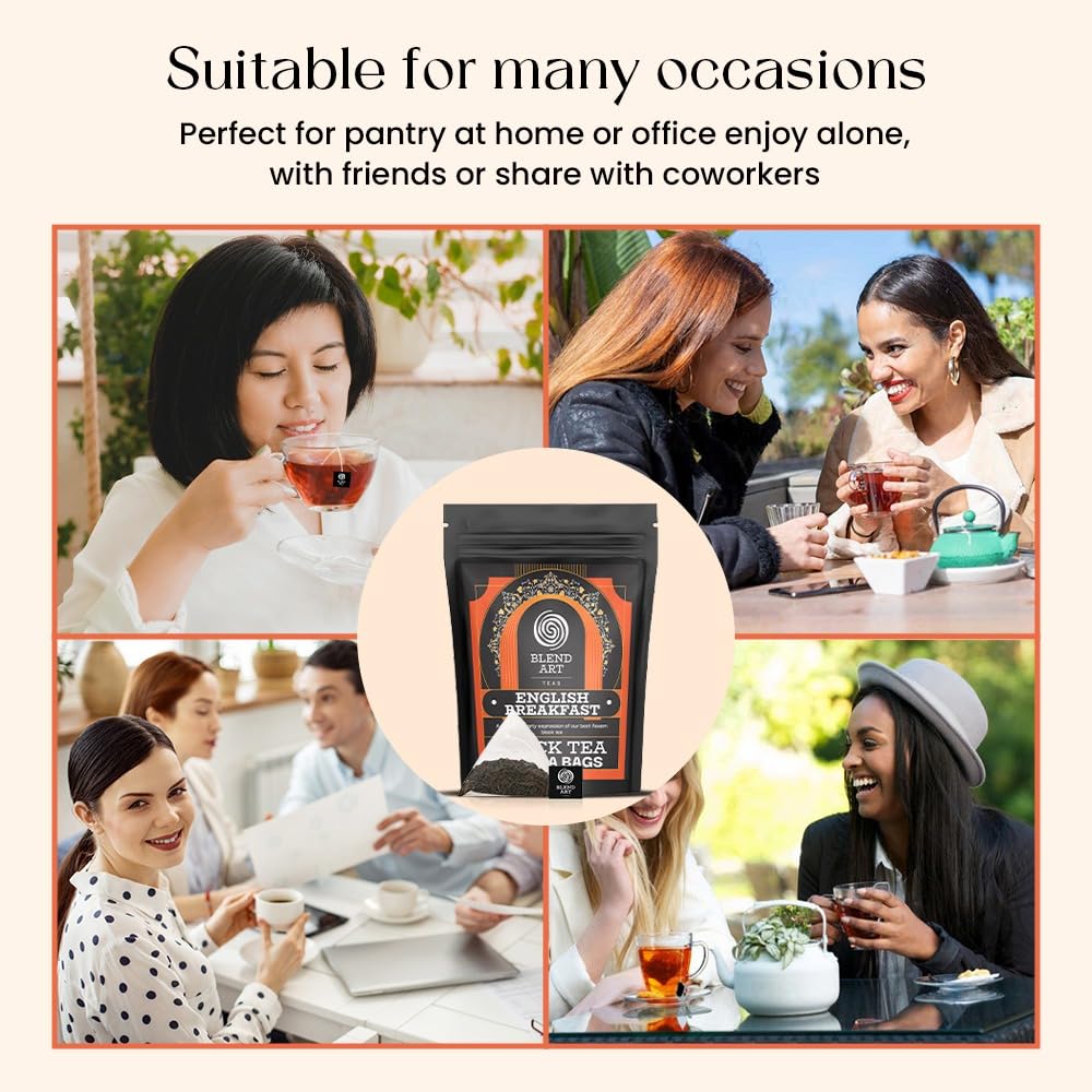 Blendart English Breakfast Black Tea Bags 50 Count Premium Whole Loose Leaf Caffeinated, Smooth, Flavour Robust Black Pyramid Tea Bags Long leaf Tea bags| Strong Robust British Tea