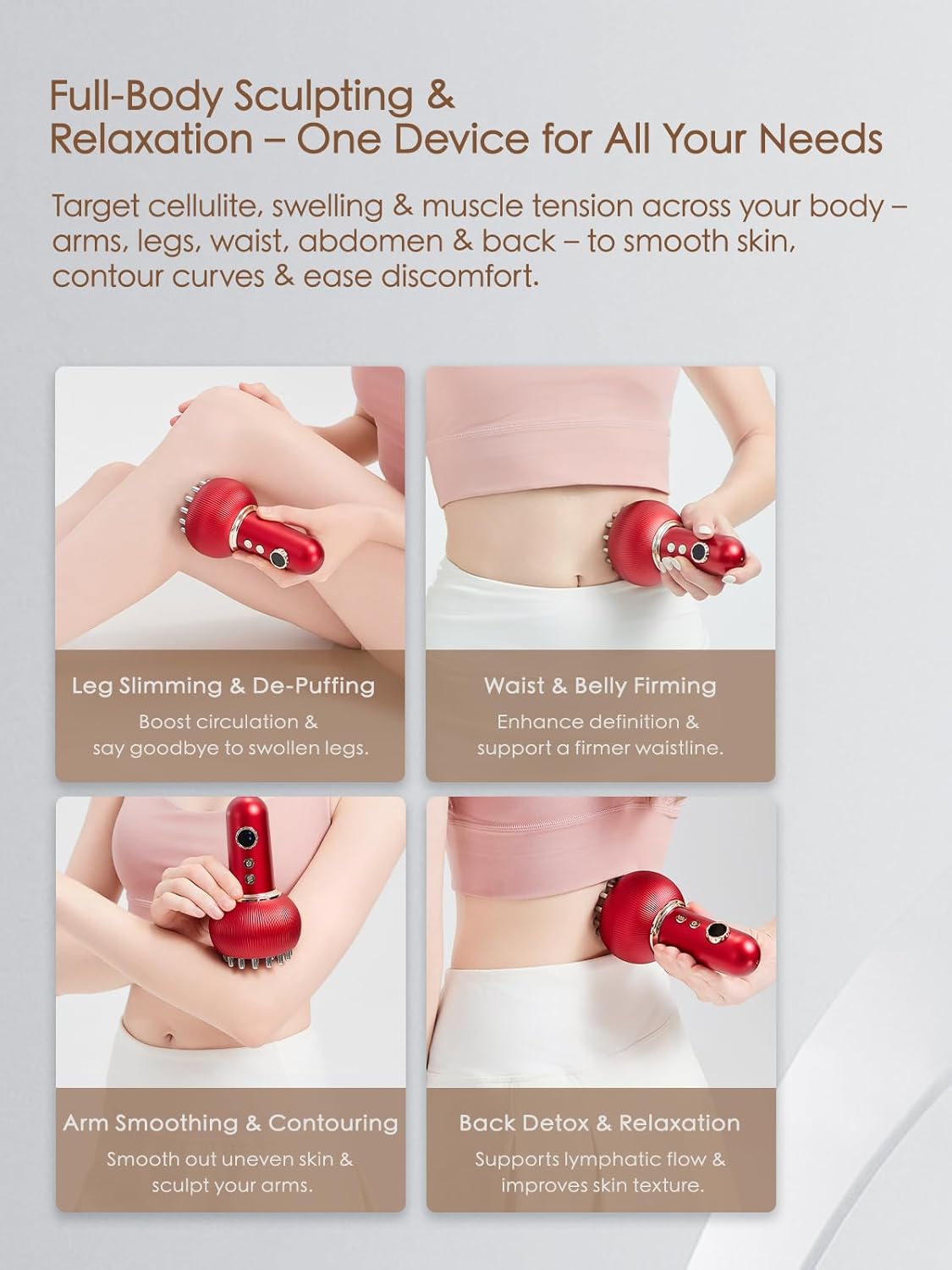 Lymphatic Drainage Massager & Anti Cellulite Massage Tool, Helps Reduce Stretch Marks & Cellulite, for Legs, Arms & Belly, Body Sculpting Machine with Microcurrent, Light, Heat & Vibration,Red