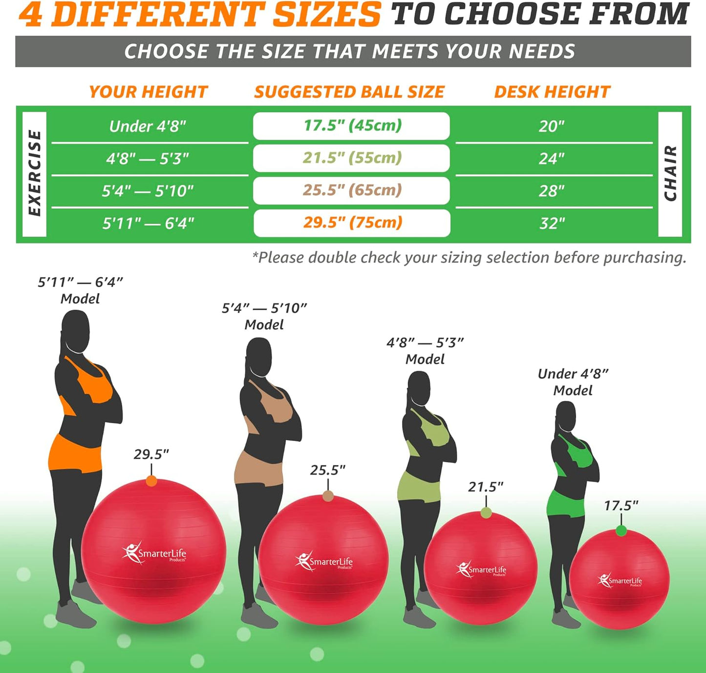 SmarterLife Exercise Ball Yoga Ball for Fitness, Balance, Stability, or Pregnancy, Gym Ball for Core Workout, Physical Therapy, Yoga Ball Chair for Office, Anti-Slip Anti-Burst