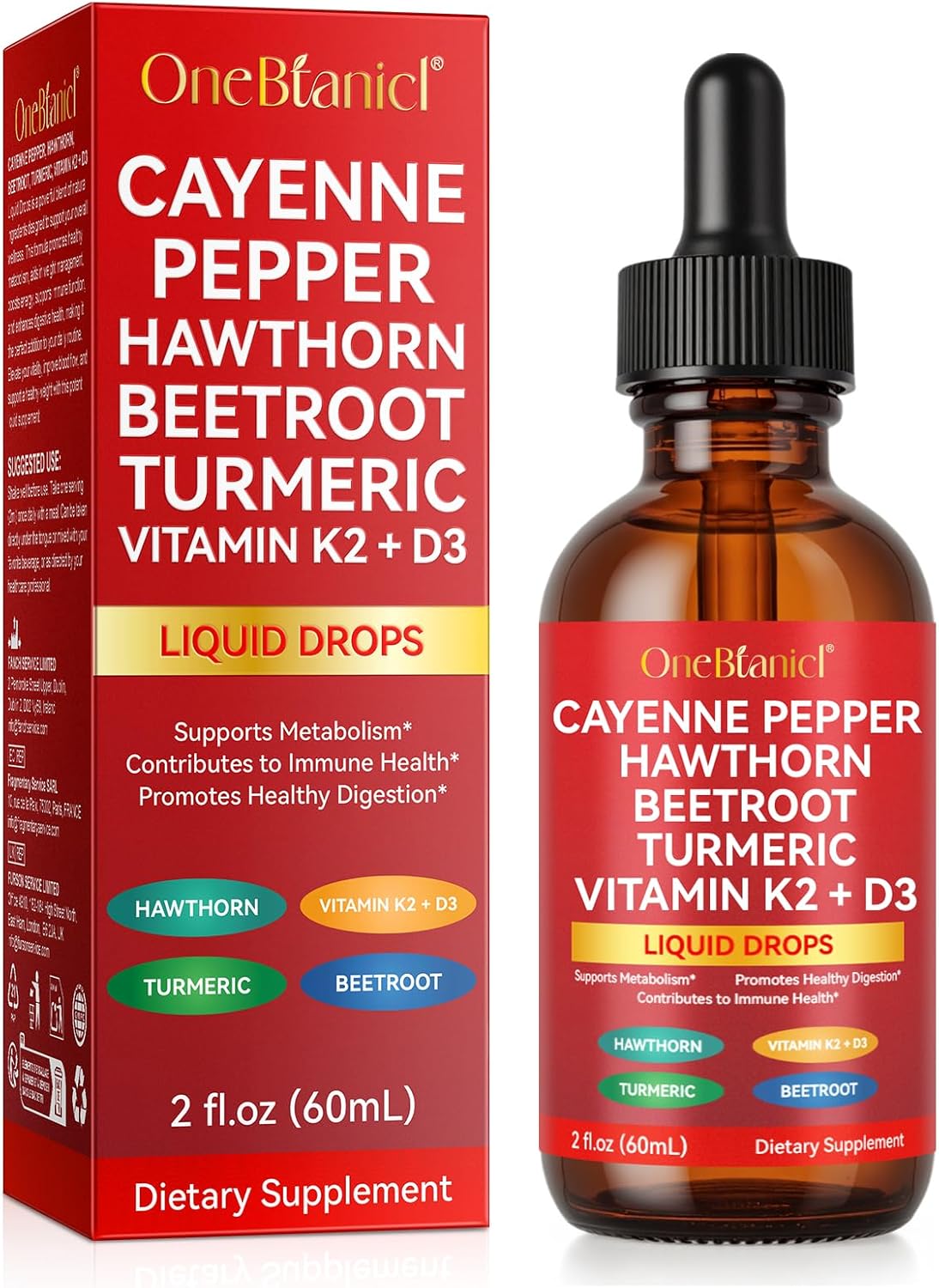Cayenne Pepper Drops, Natural Cayenne Pepper Extract, Contains Beetroot & Turmeric & Hawthorn & Vitamin K2+D3, Natural Formula, Nutritional Supplement Drops 60ml