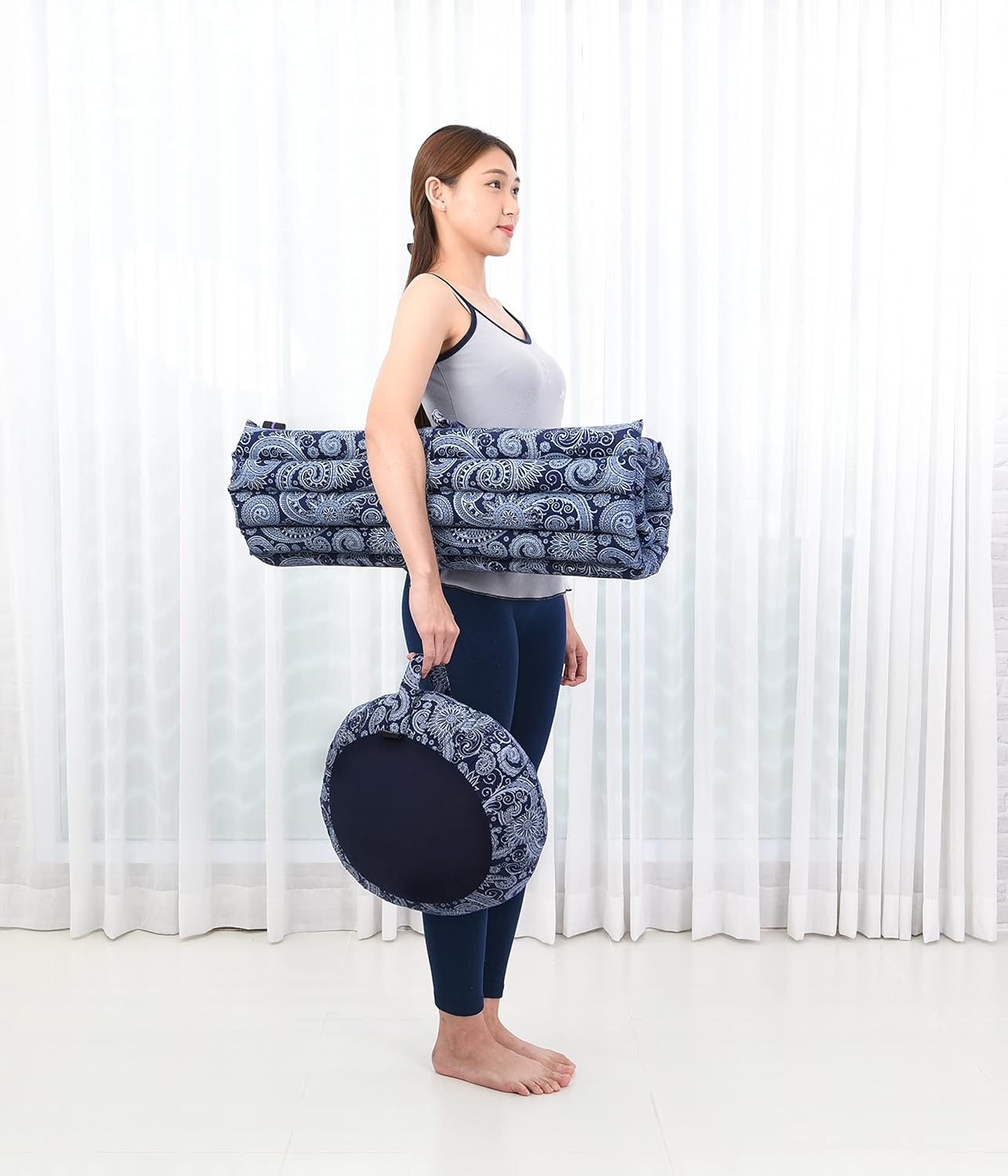 Leewadee Meditation Cushion Set – 1 Round Zafu Meditation Pillow and 1 Square Roll-Up Zabuton Meditation Mat, Pillows Bundle Filled with Kapok