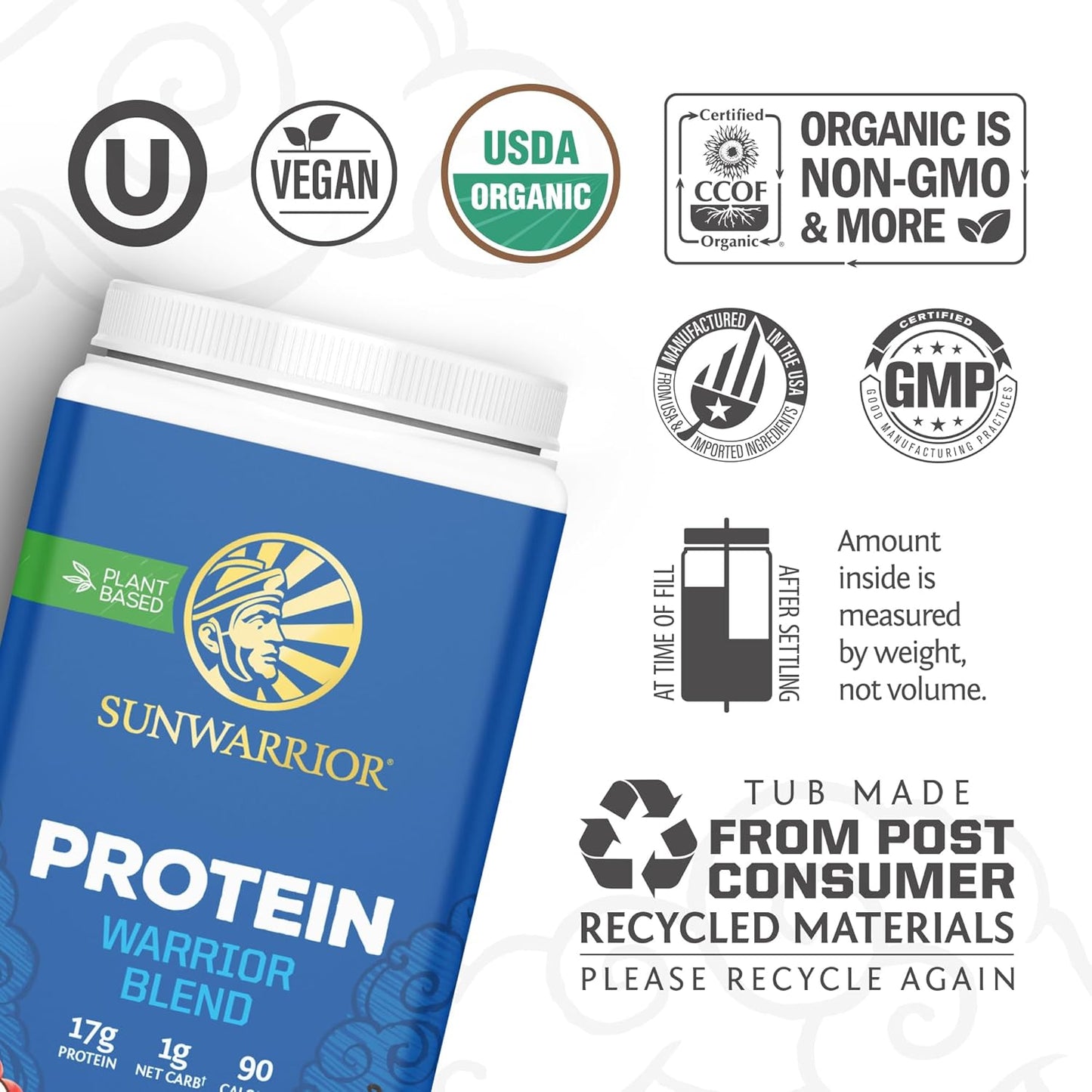 Sunwarrior Vegan Protein Powder Organic Plant-Based Protein | BCAA Amino Acids Hemp Seed Plant Protein | Soy Free Dairy Free Gluten Free Synthetic Free Non-GMO | Vanilla 30 Servings | Warrior Blend