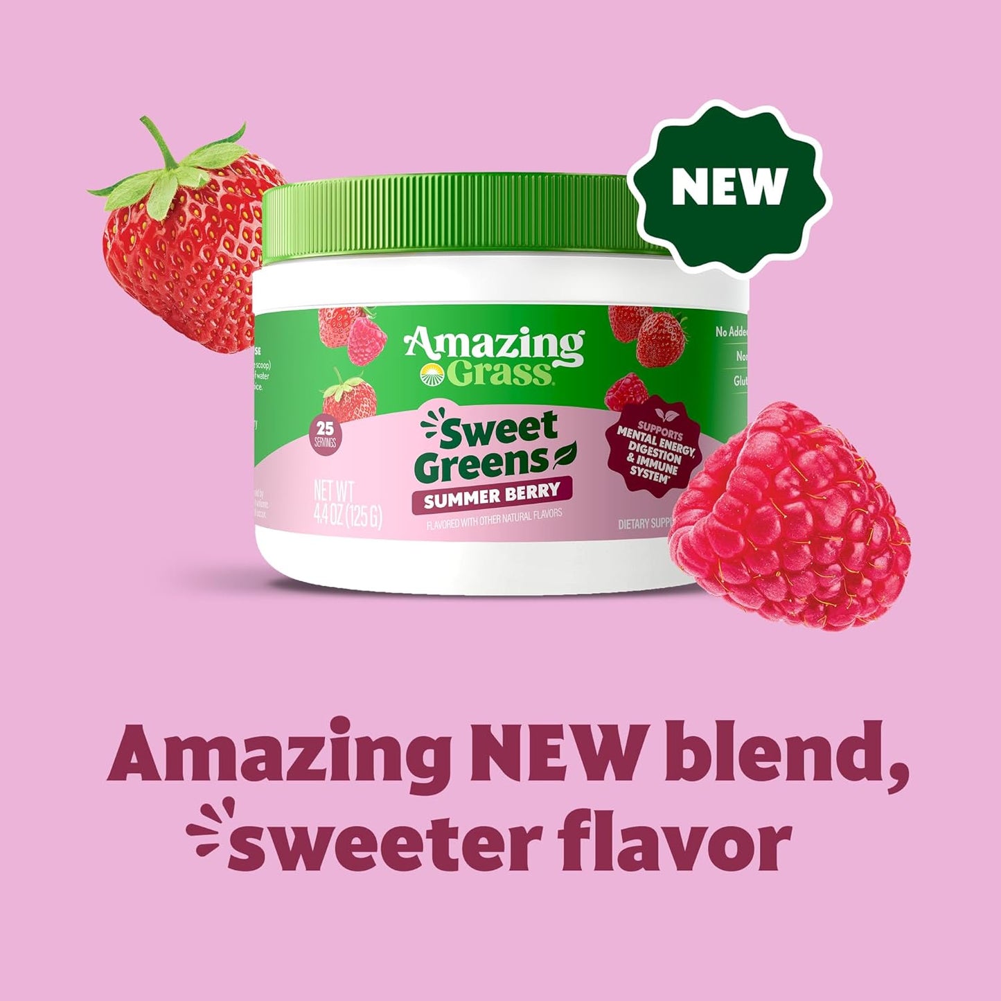 Amazing Grass Sweet Greens and Superfoods Powder for Digestive Health, Greens Powder, Digestive Enzymes, Probiotics, Spirulina, Chlorella, Summer Berry, 30 Servings