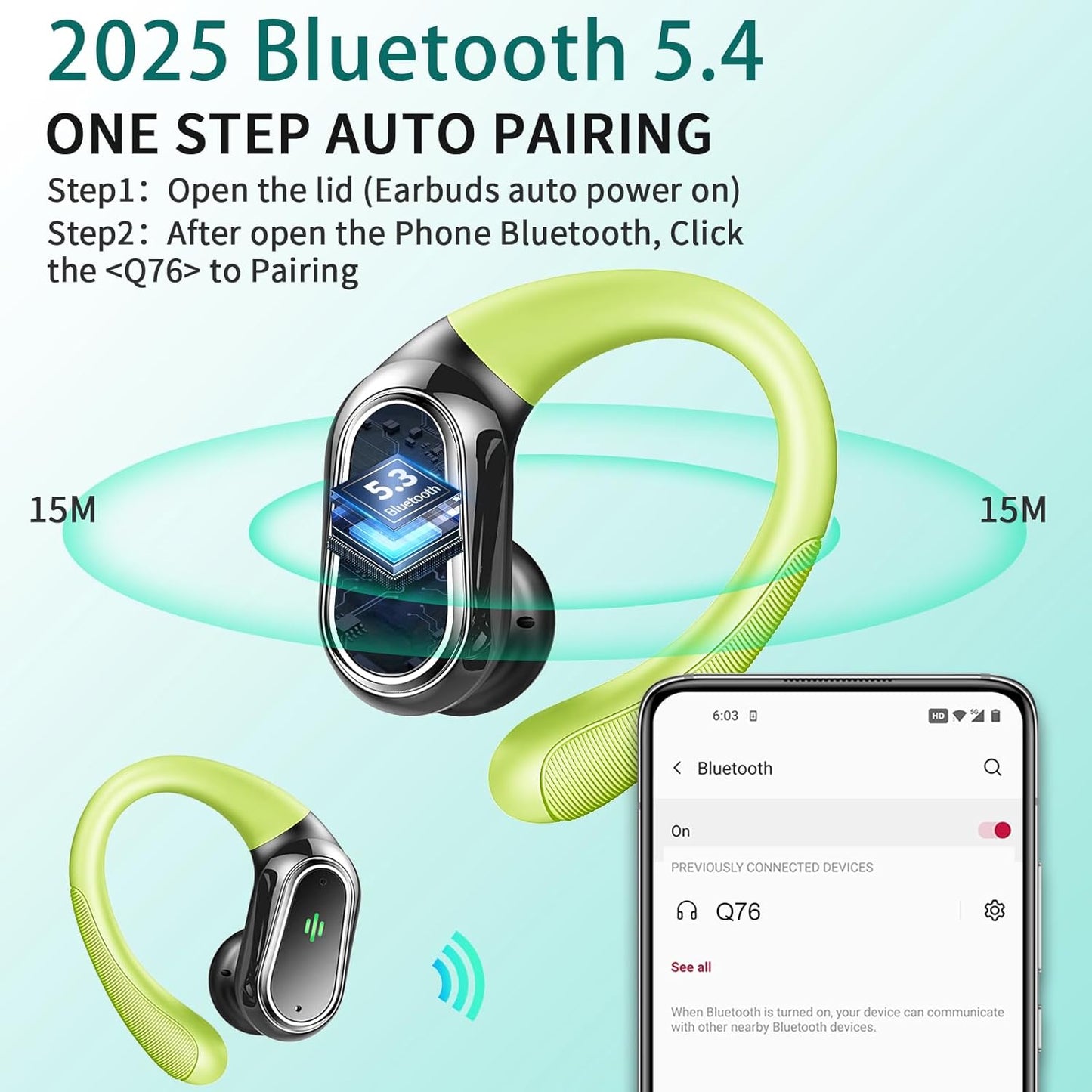 Wireless Earbuds, 2025 Bluetooth 5.4 Headphones Sport, Bluetooth Earbuds with ENC Noise Canceling Mic, 50H Stereo Wireless Headphones IP7 Waterproof with Earhooks, Dual LED Display for Workout/Running