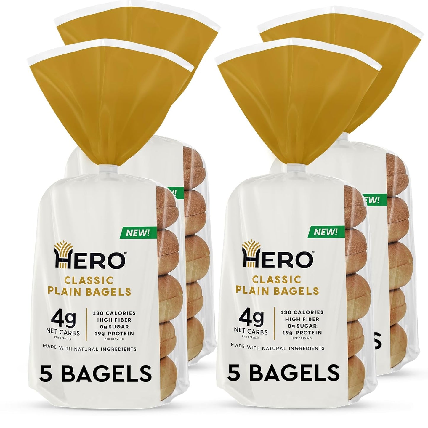 Hero Classic Plain Bagel - 4g Net Carbs, 19g Protein, High Fiber, 130 Calories per serving (20 bagels, 4 packs of 5)