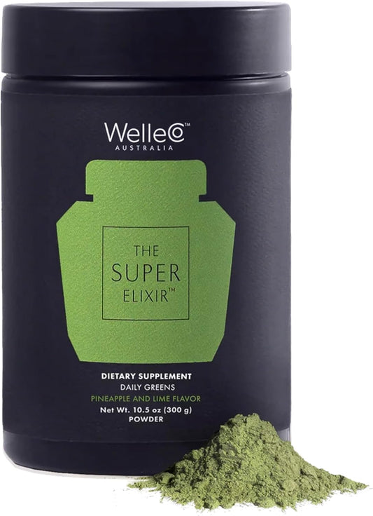 WelleCo The Super Elixir Daily Greens Powder, Probiotic Drink Mix with Whole Foods, Gluten Free, Vegan Gut Health Powder, Energy, Immunity, Healthy Skin, Hair & Nails (300g, Pineapple & Lime Jar)