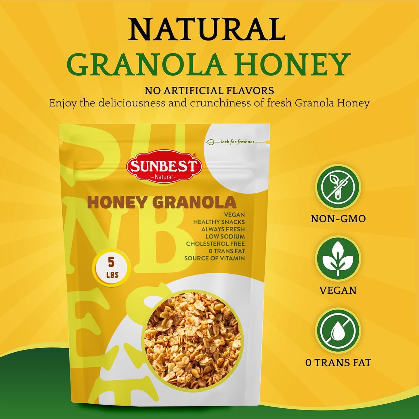 Sunbest Natural Honey Granola – 5 lb Bulk Bag (80 oz) – Whole Rolled Oats, Delicious & Crunchy – Kosher, Low Calorie, High Fiber, Non-GMO – Great for Snacks, Travel & Parties