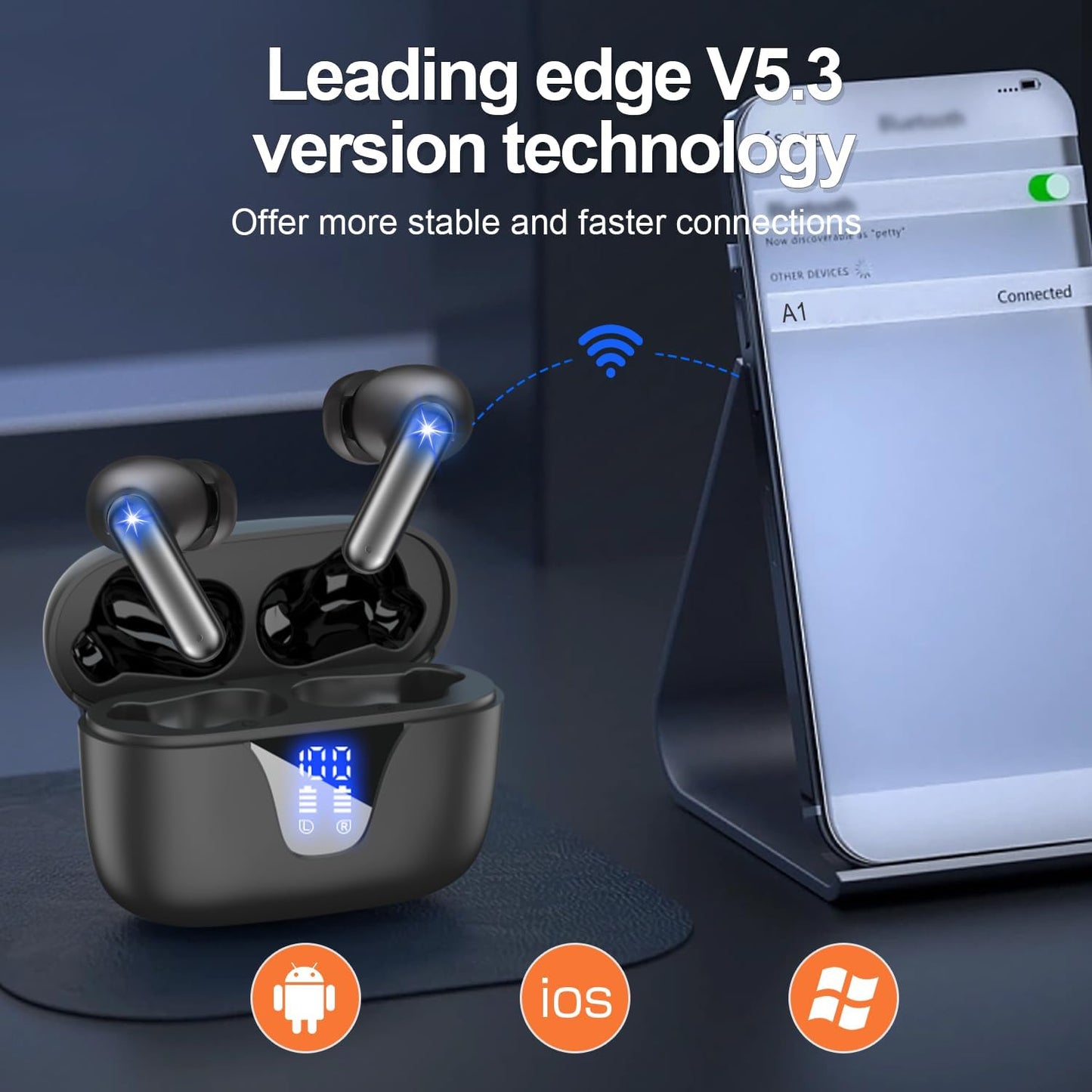 ZIUTY Wireless Earbuds Bluetooth Headphones, 50H Playtime Ear Buds with Mic, LED Digital Display Charging Case, IPX7 Waterproof, Deep Bass Stereo, in-Ear Earphone for iPhone Andriod Phone